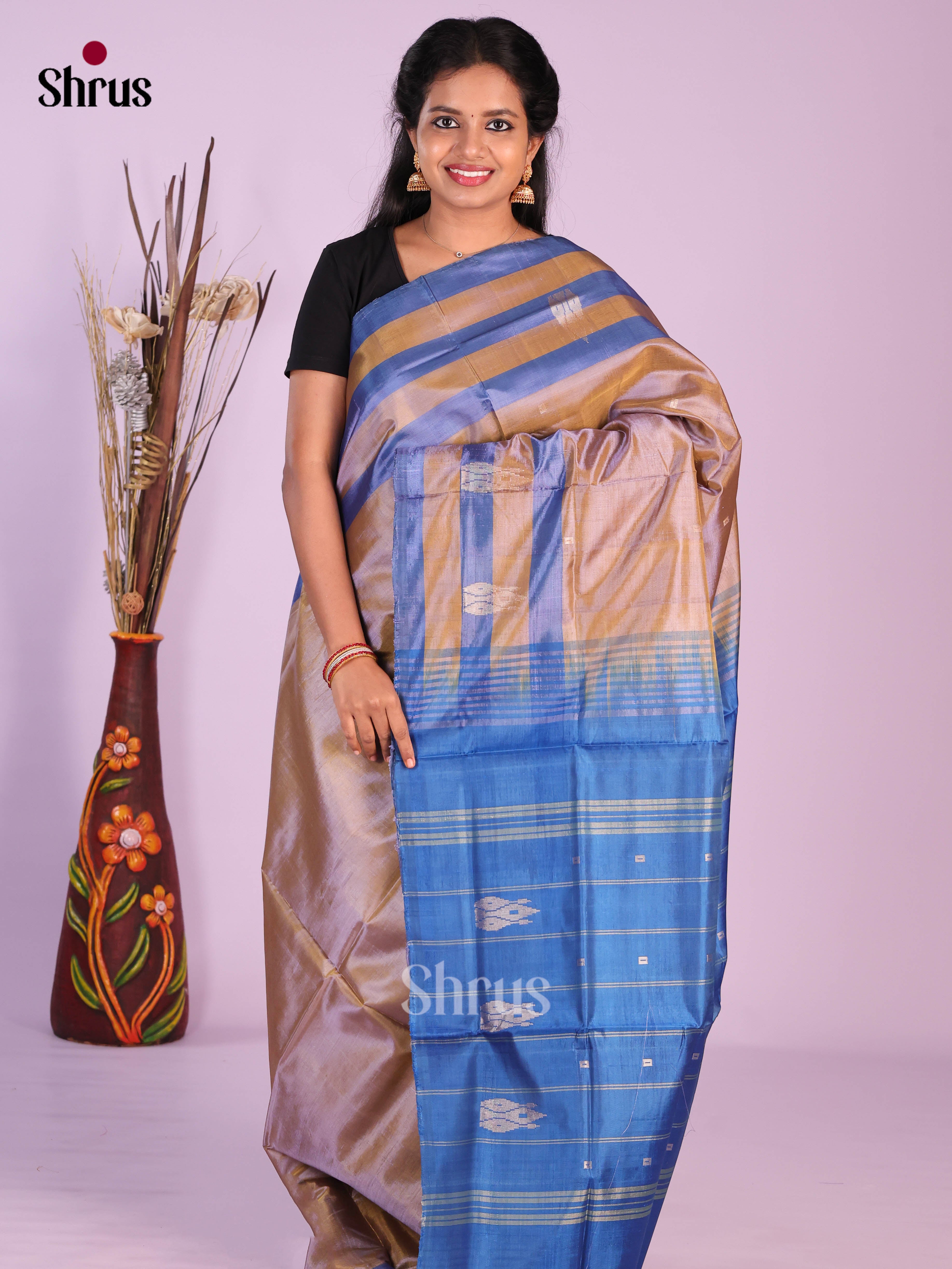 Grey & Blue - Banana Pith without blouse Saree - Shop on Shrus.com