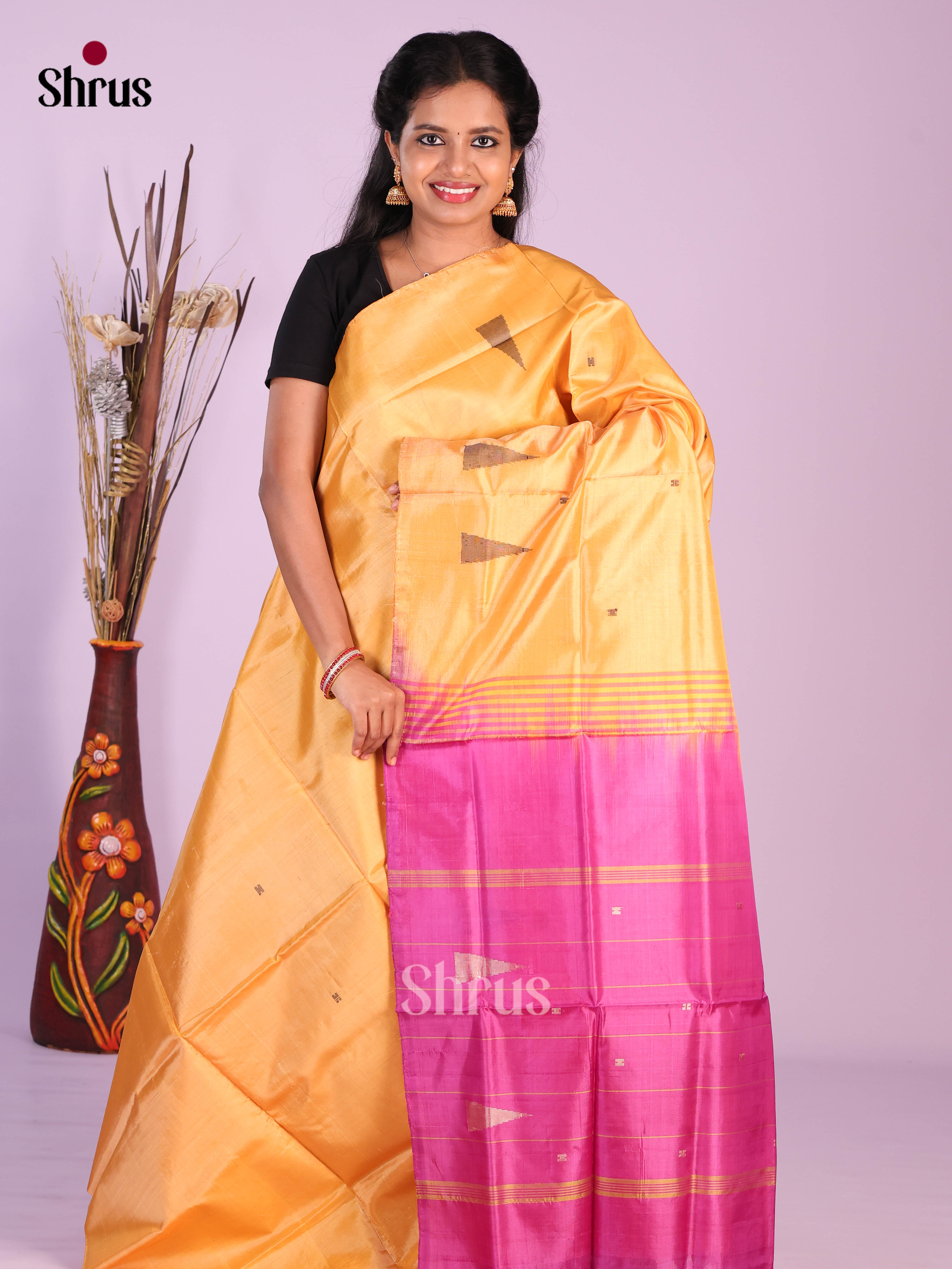 Mustard & Pink - Banana Pith without blouse Saree - Shop on Shrus.com