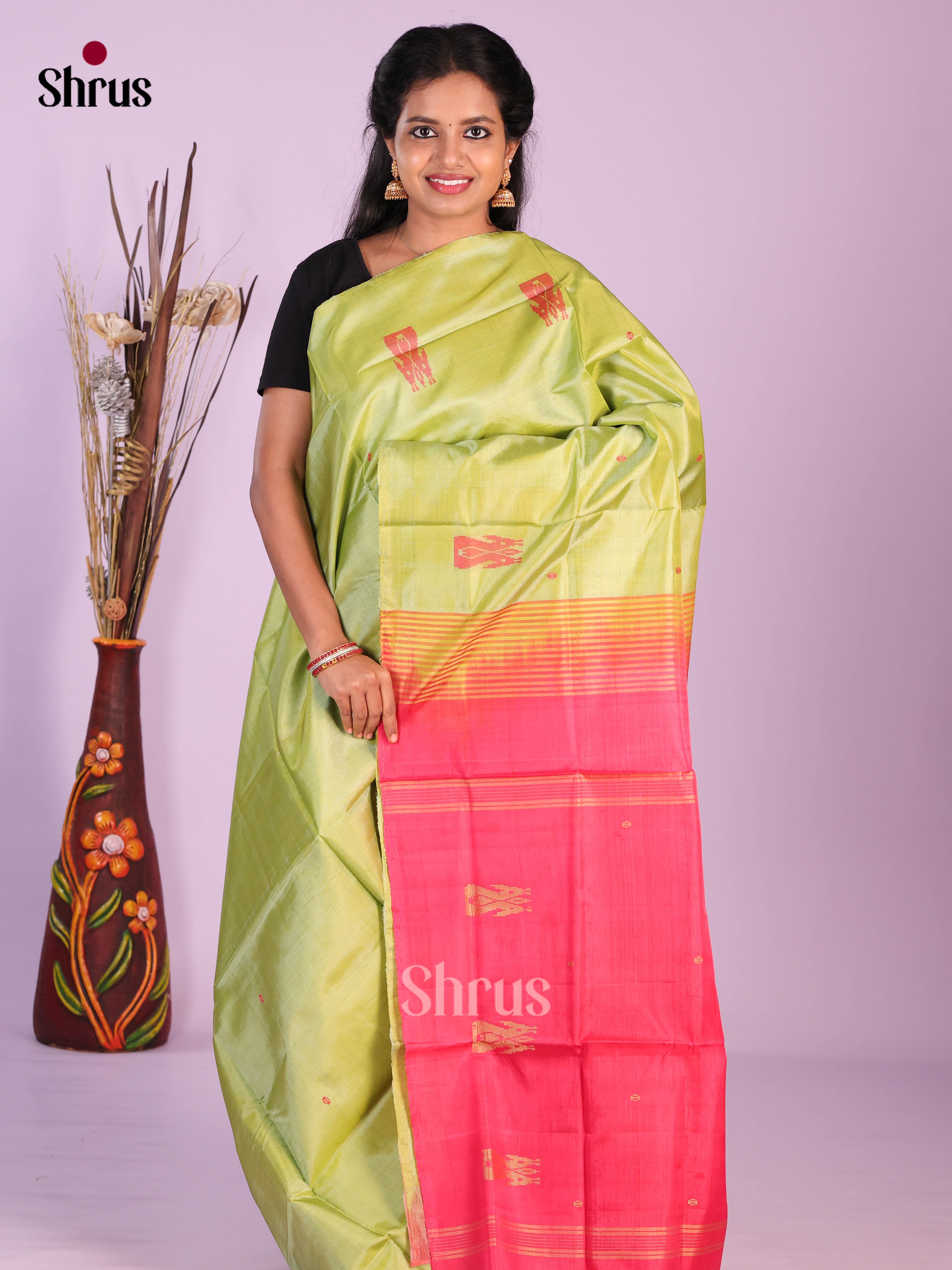 Pista Green & Pink- Banana Pith without blouse Saree - Shop on Shrus.com