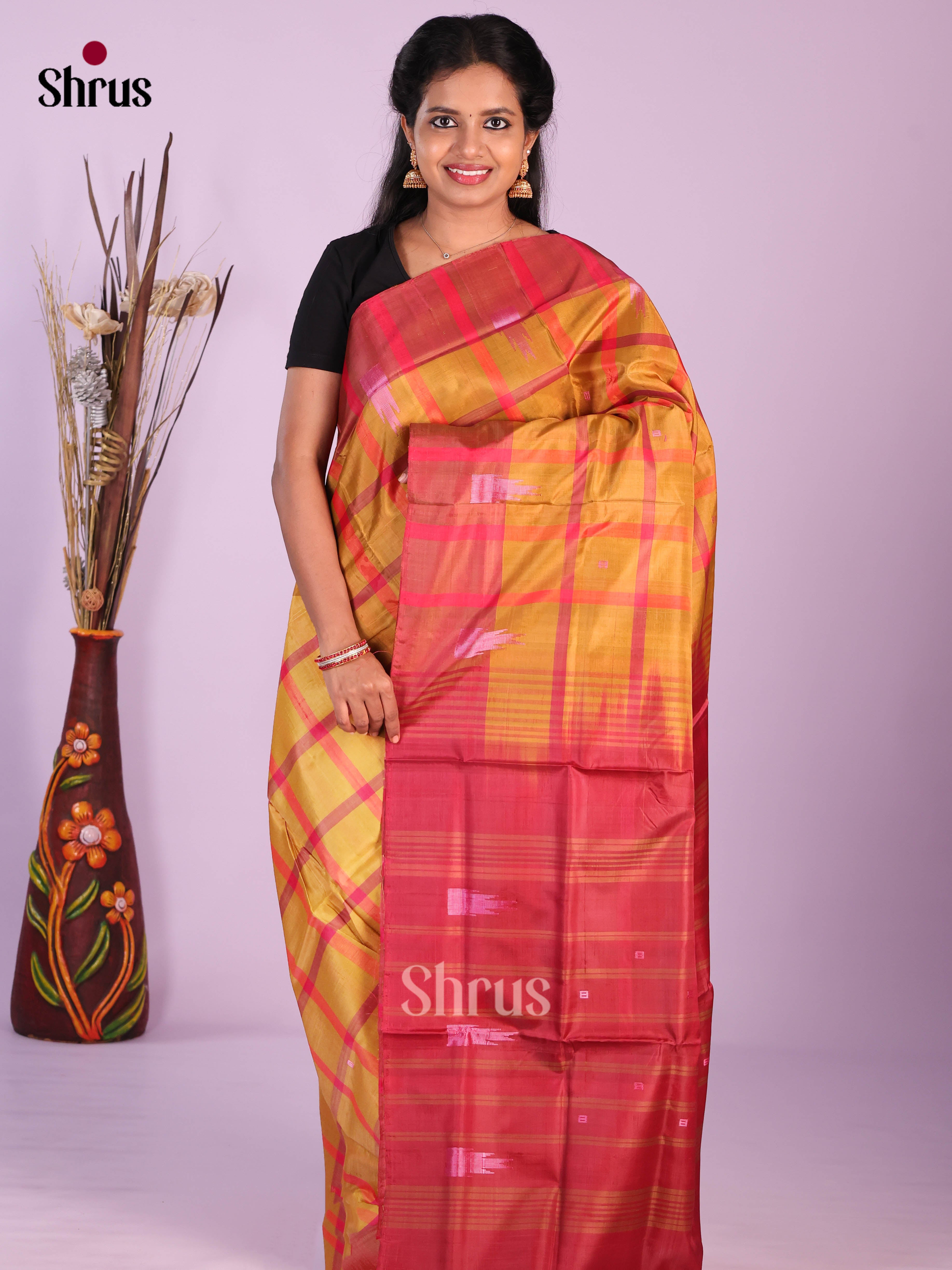 Mustardy Green & Maroon - Banana Pith without blouse Saree - Shop on Shrus.com