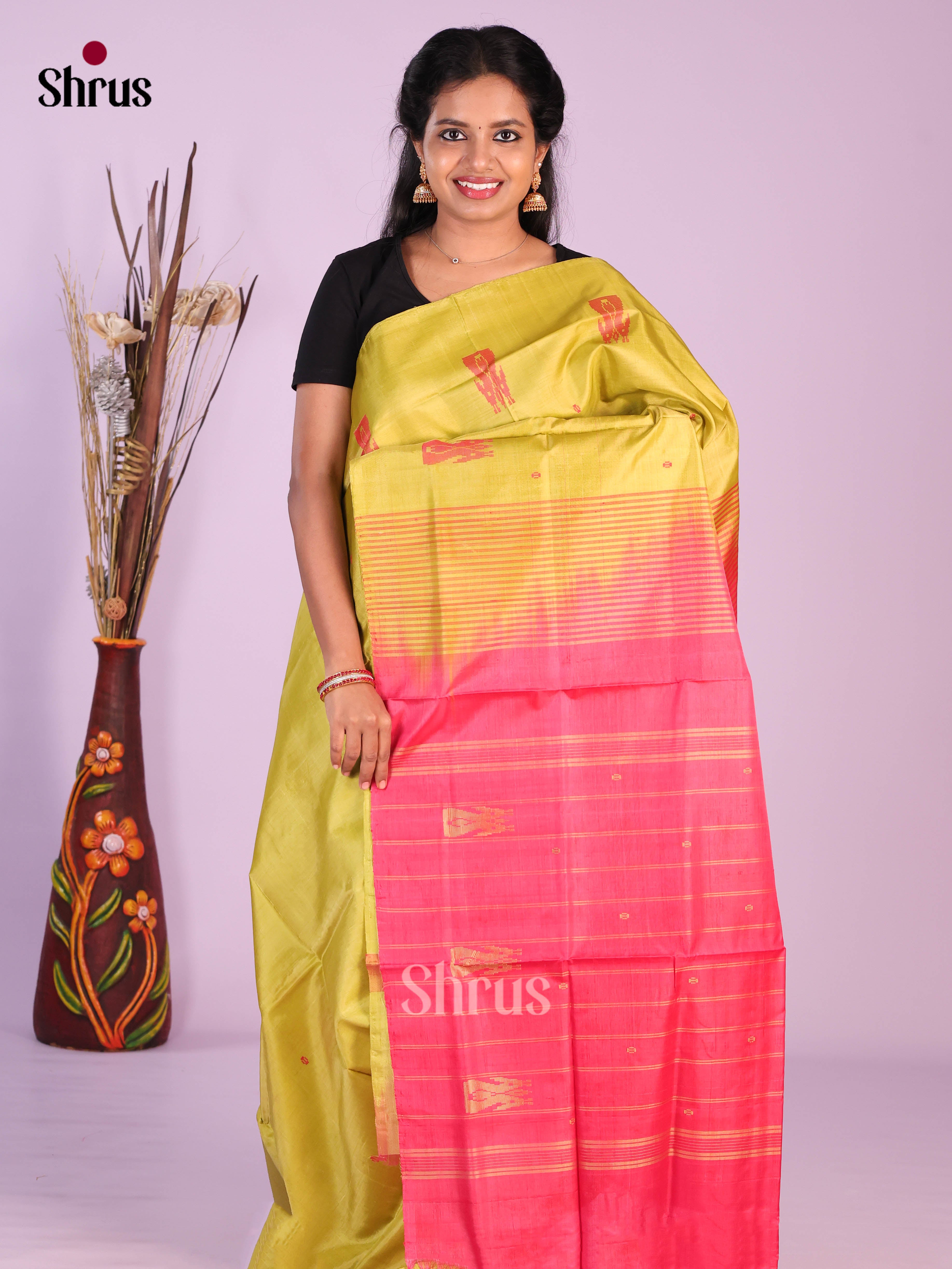 Green & Pink - Banana Pith without blouse Saree - Shop on Shrus.com