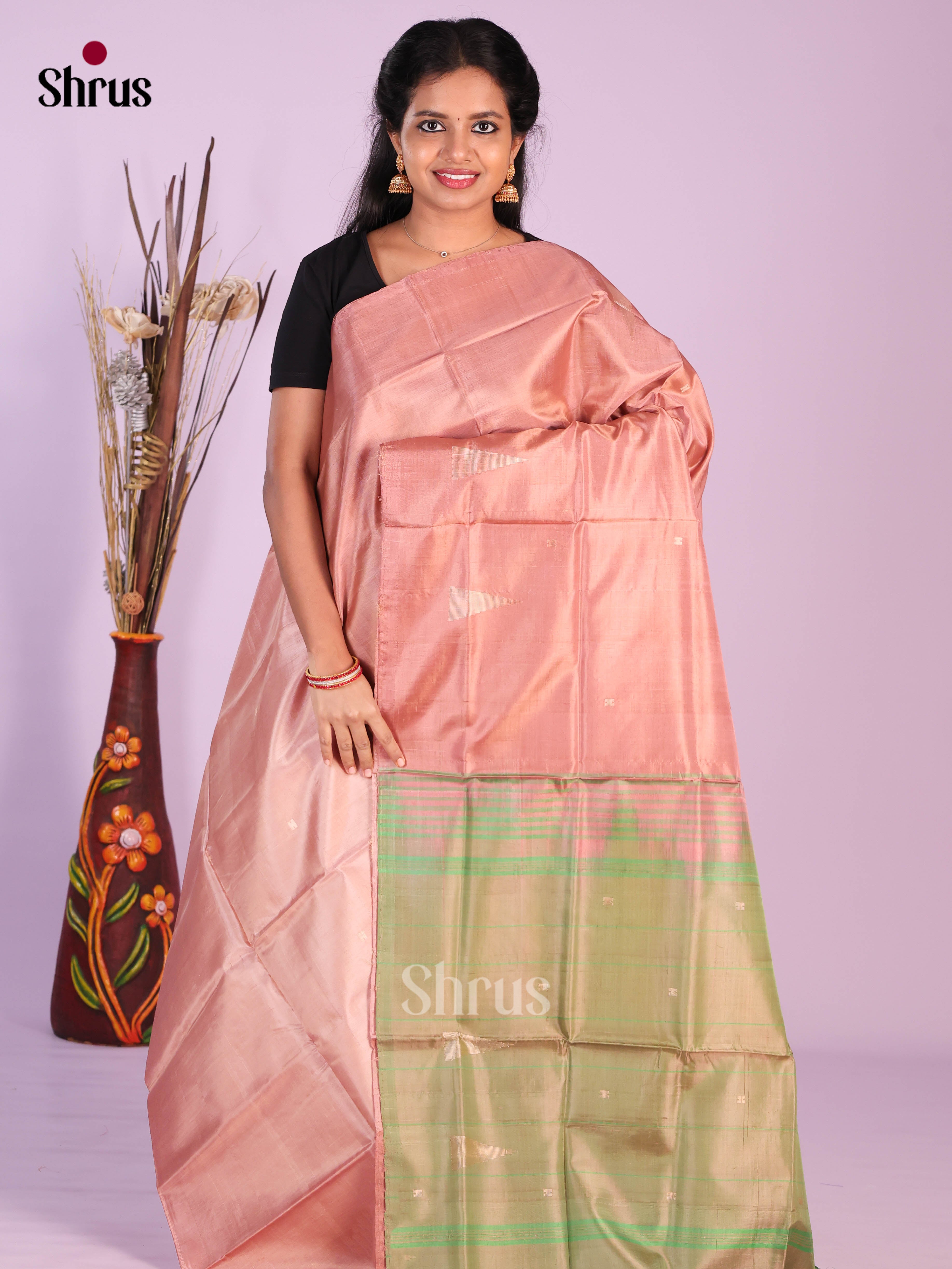 Pink & Green - Banana Pith without blouse Saree - Shop on Shrus.com