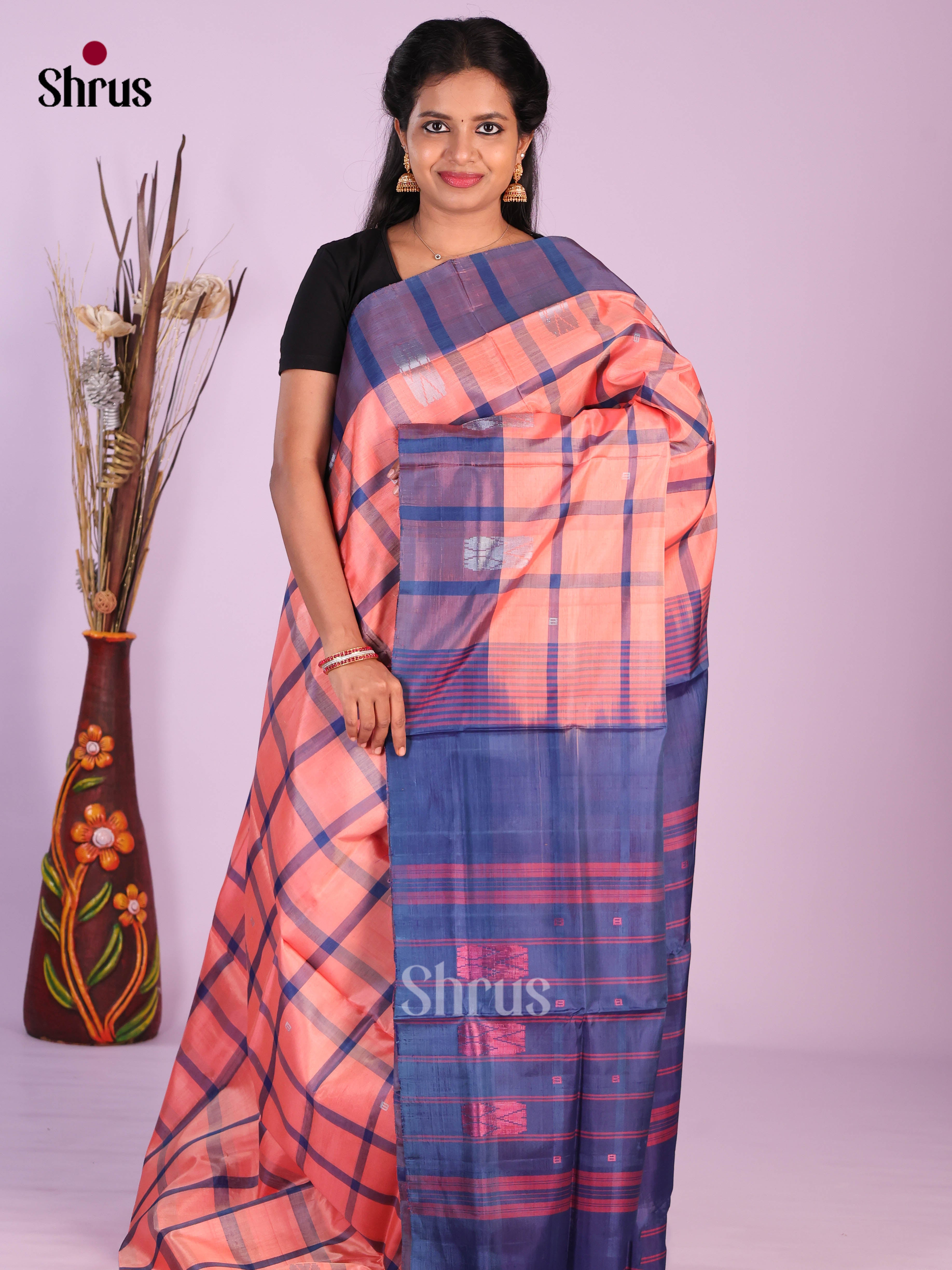 Pink & Blue - Banana Pith without blouse Saree - Shop on Shrus.com