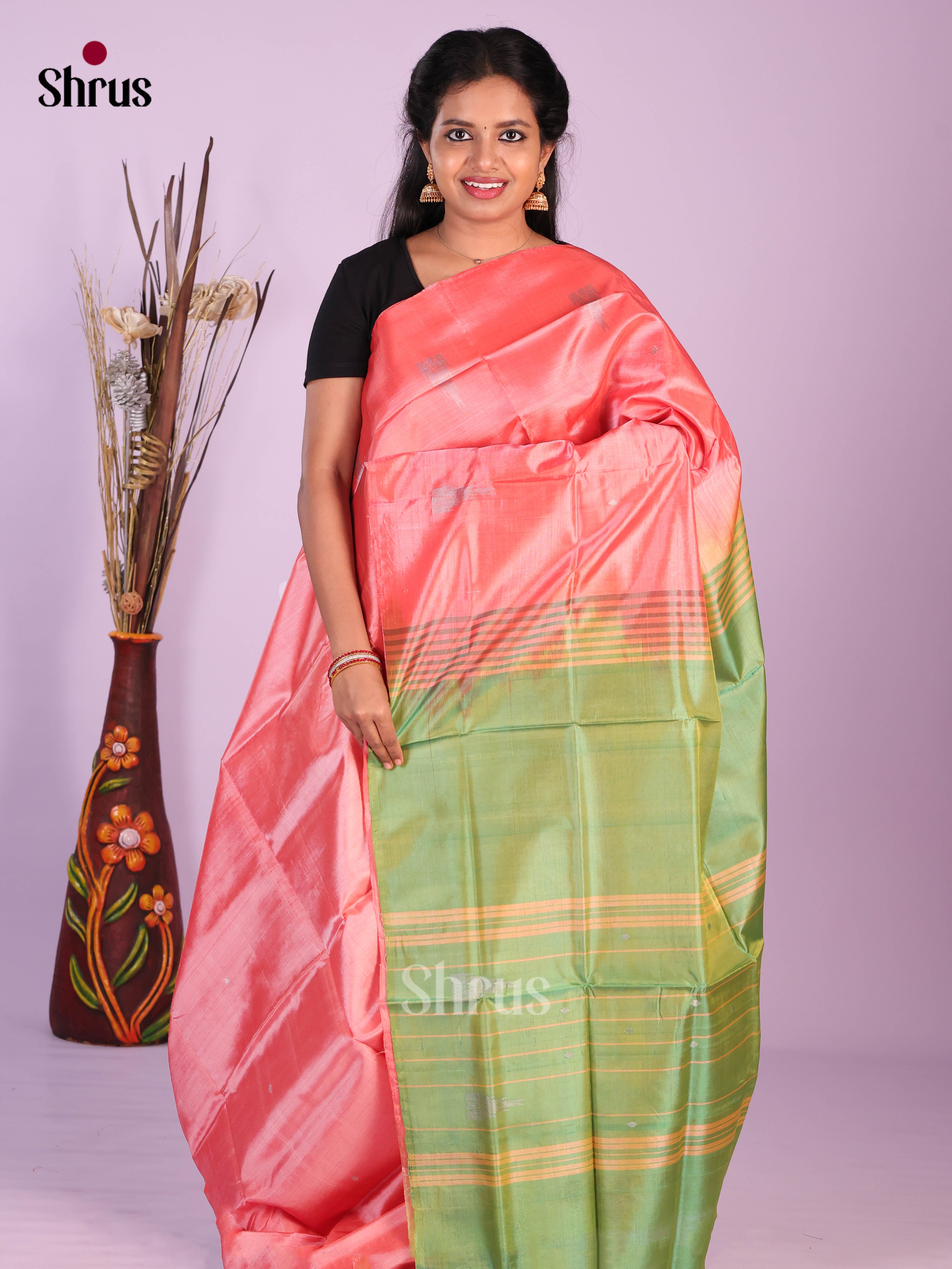 Pink & Green - Banana Pith without blouse Saree - Shop on Shrus.com