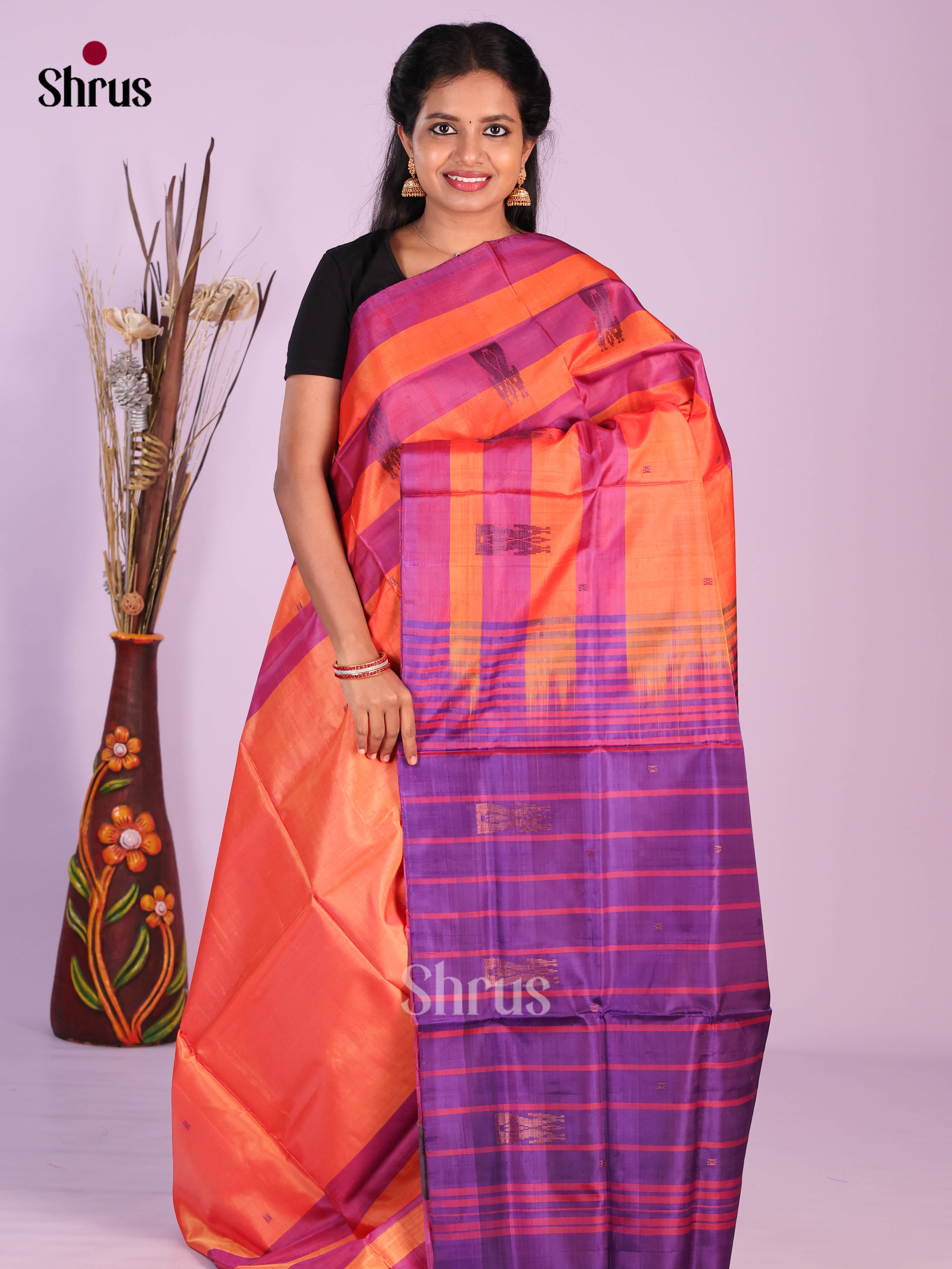 Orange & Purple- Banana Pith without blouse Saree - Shop on Shrus.com