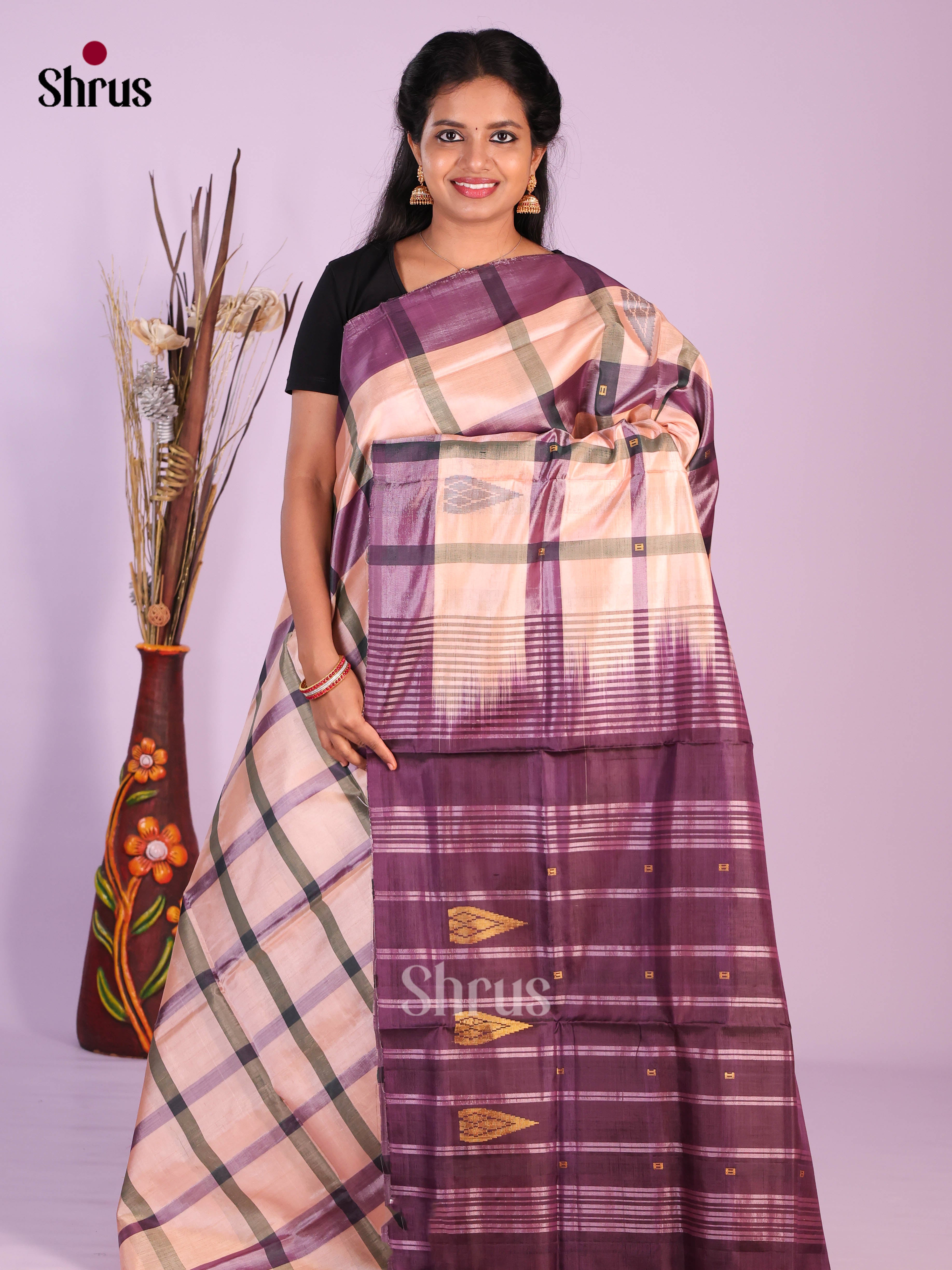 Peach & Purple - Banana Pith without blouse Saree - Shop on Shrus.com
