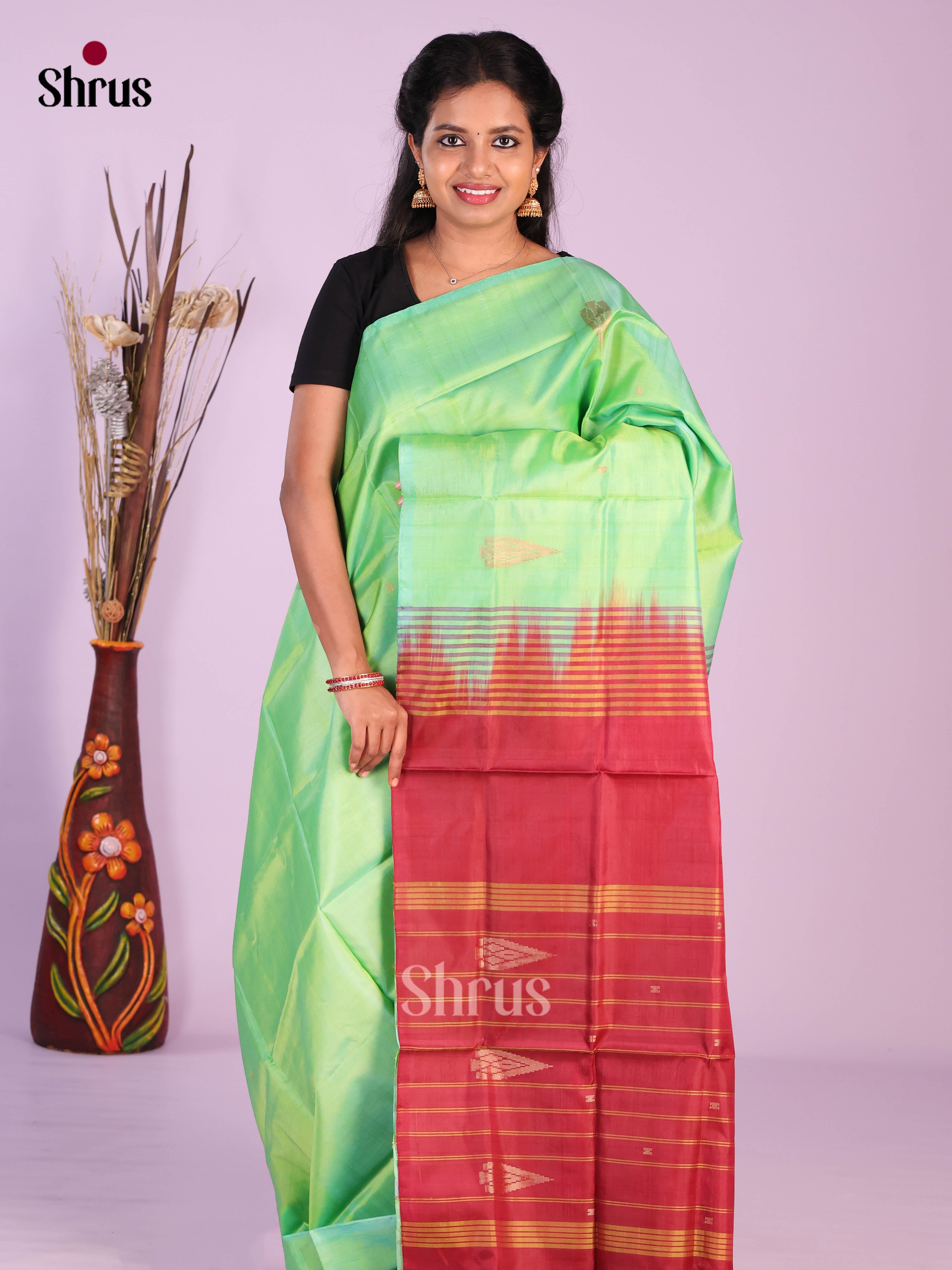 Pista Green & Red - Banana Pith without blouse Saree - Shop on Shrus.com