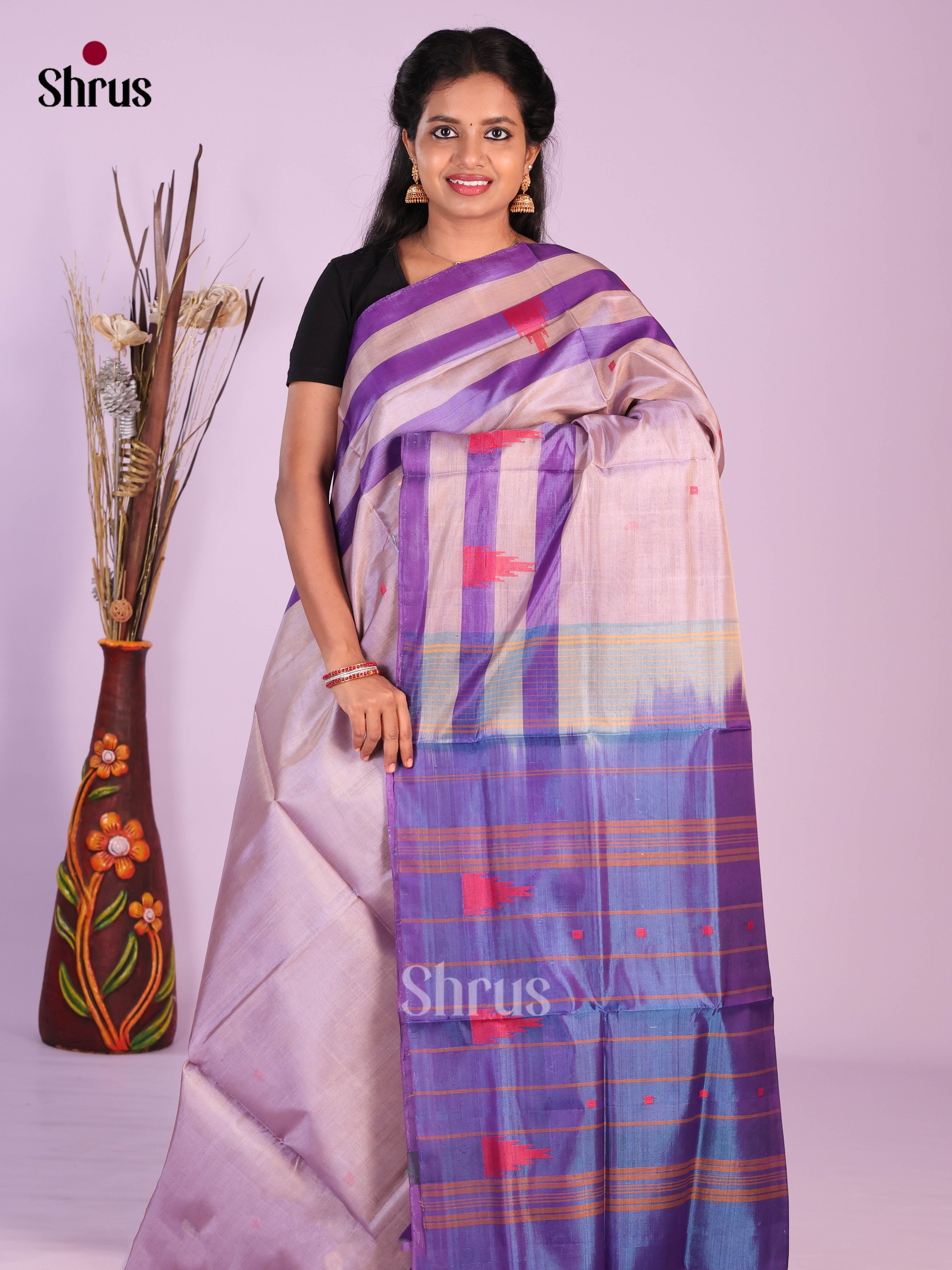 Mild Lavender & Blue - Banana Pith without blouse Saree - Shop on Shrus.com