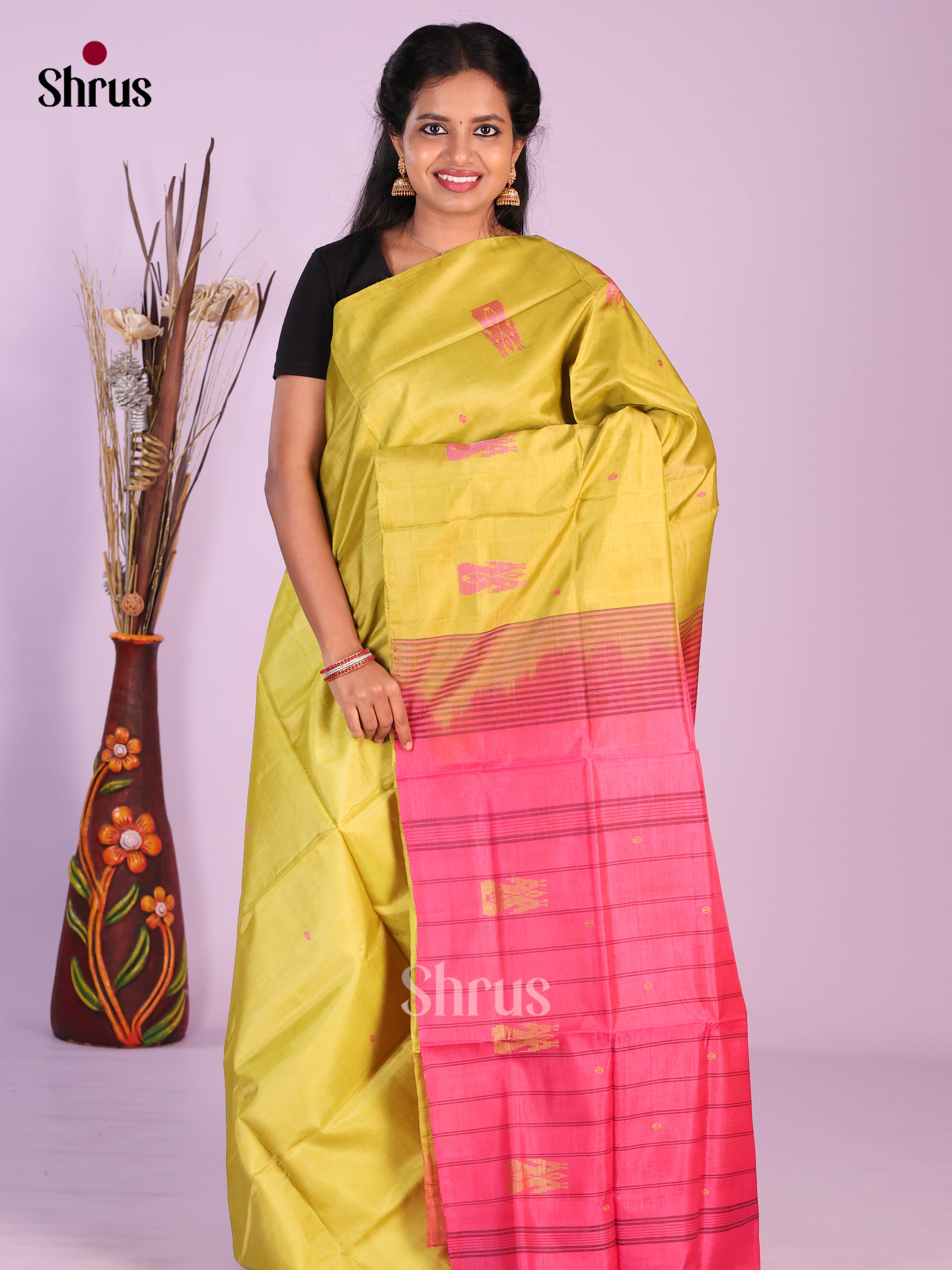 Light Green & Pink - Banana Pith without blouse Saree - Shop on Shrus.com