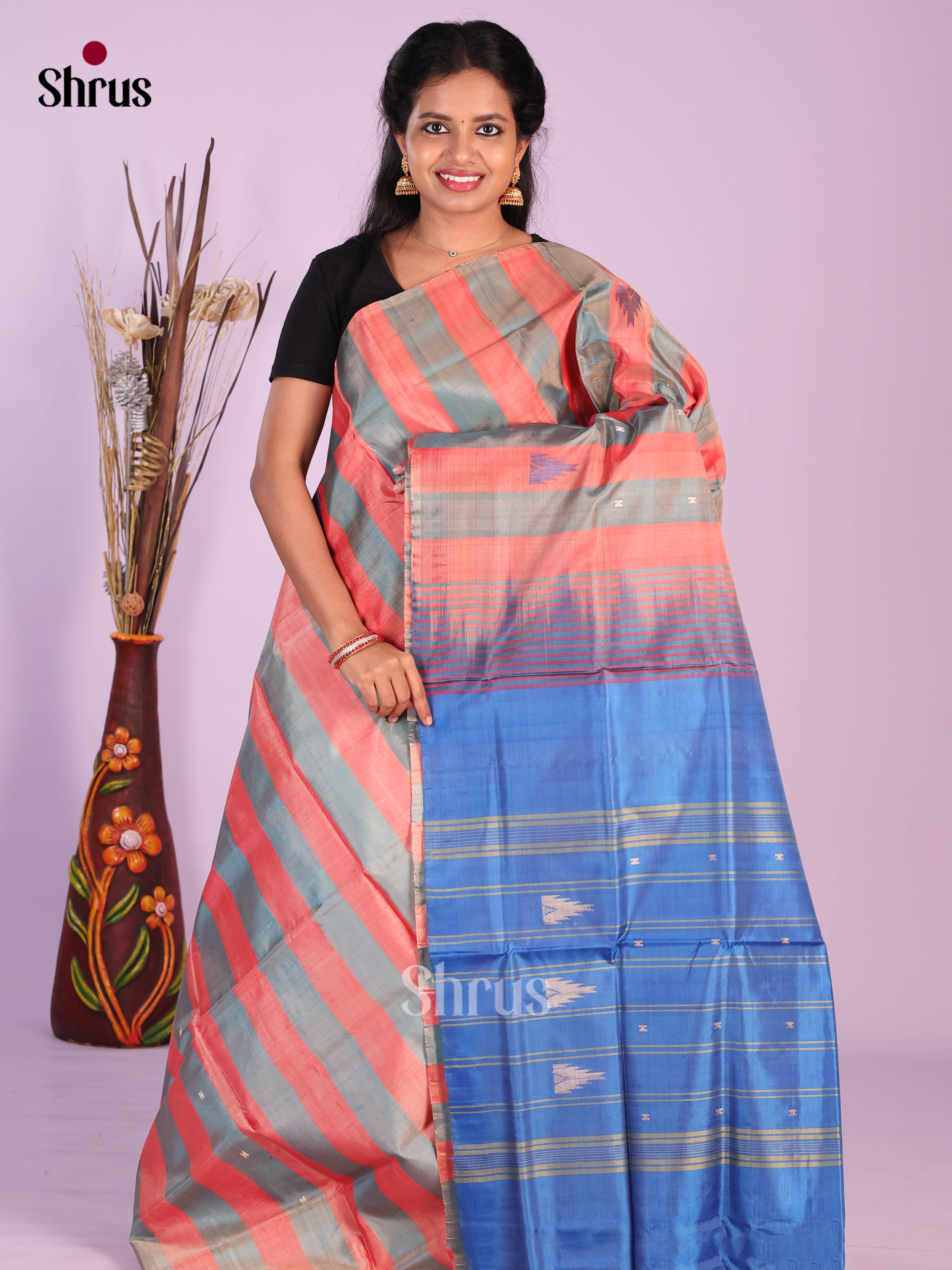 Peach & Blue - Banana Pith without blouse Saree - Shop on Shrus.com