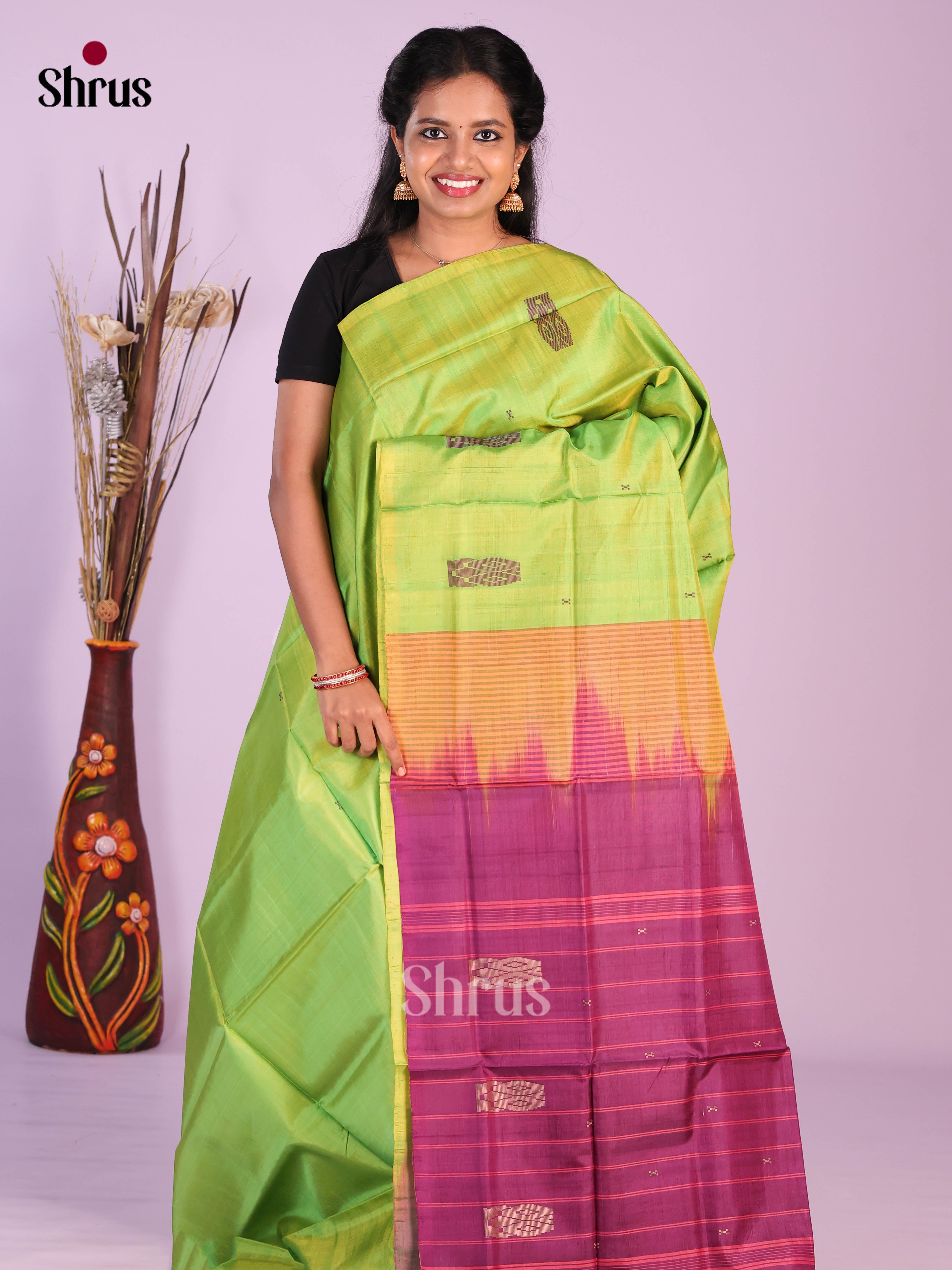 Parrot Green & Purple - Banana Pith without blouse Saree - Shop on Shrus.com