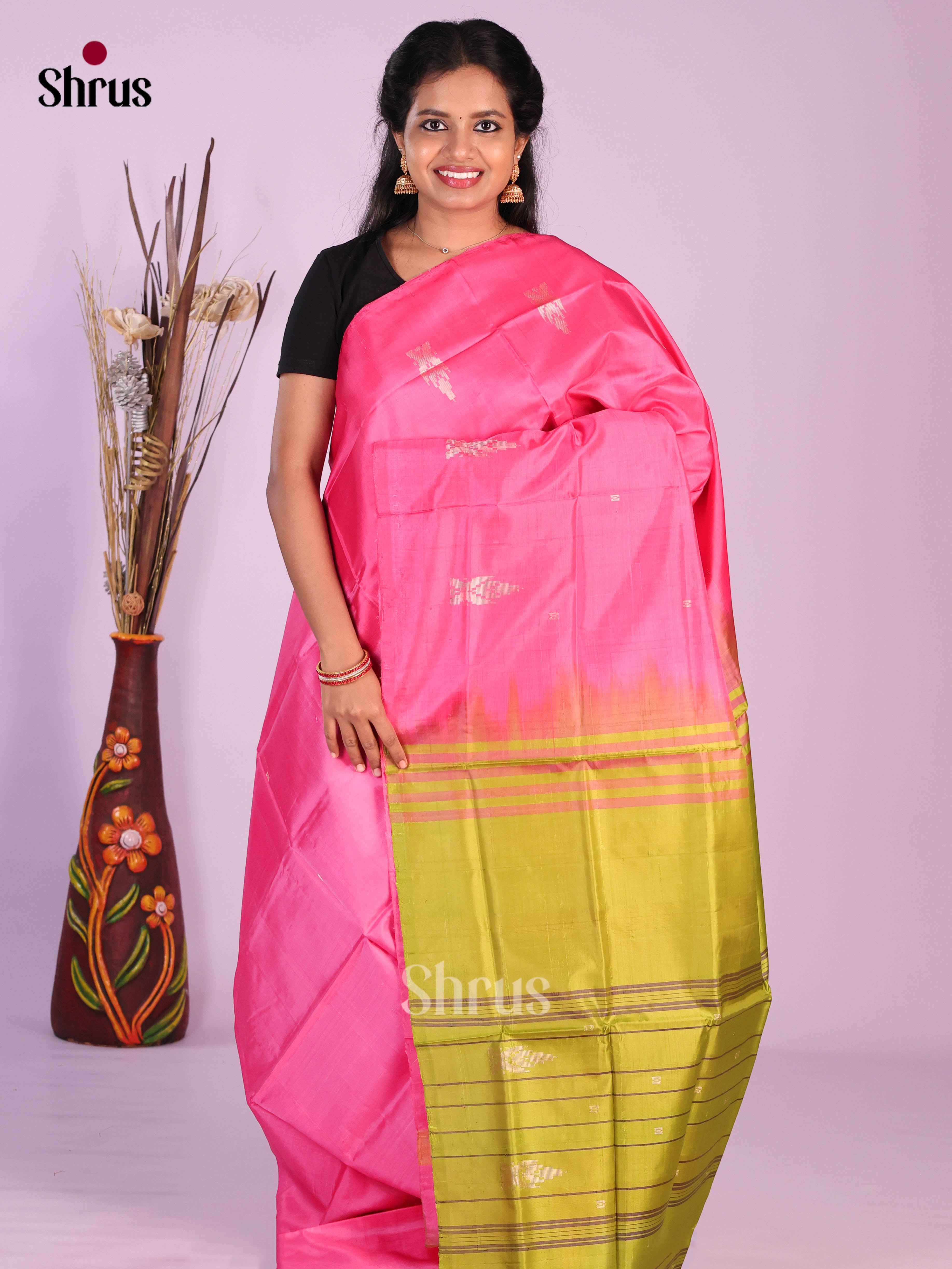Pink & Green- Banana Pith without blouse Saree