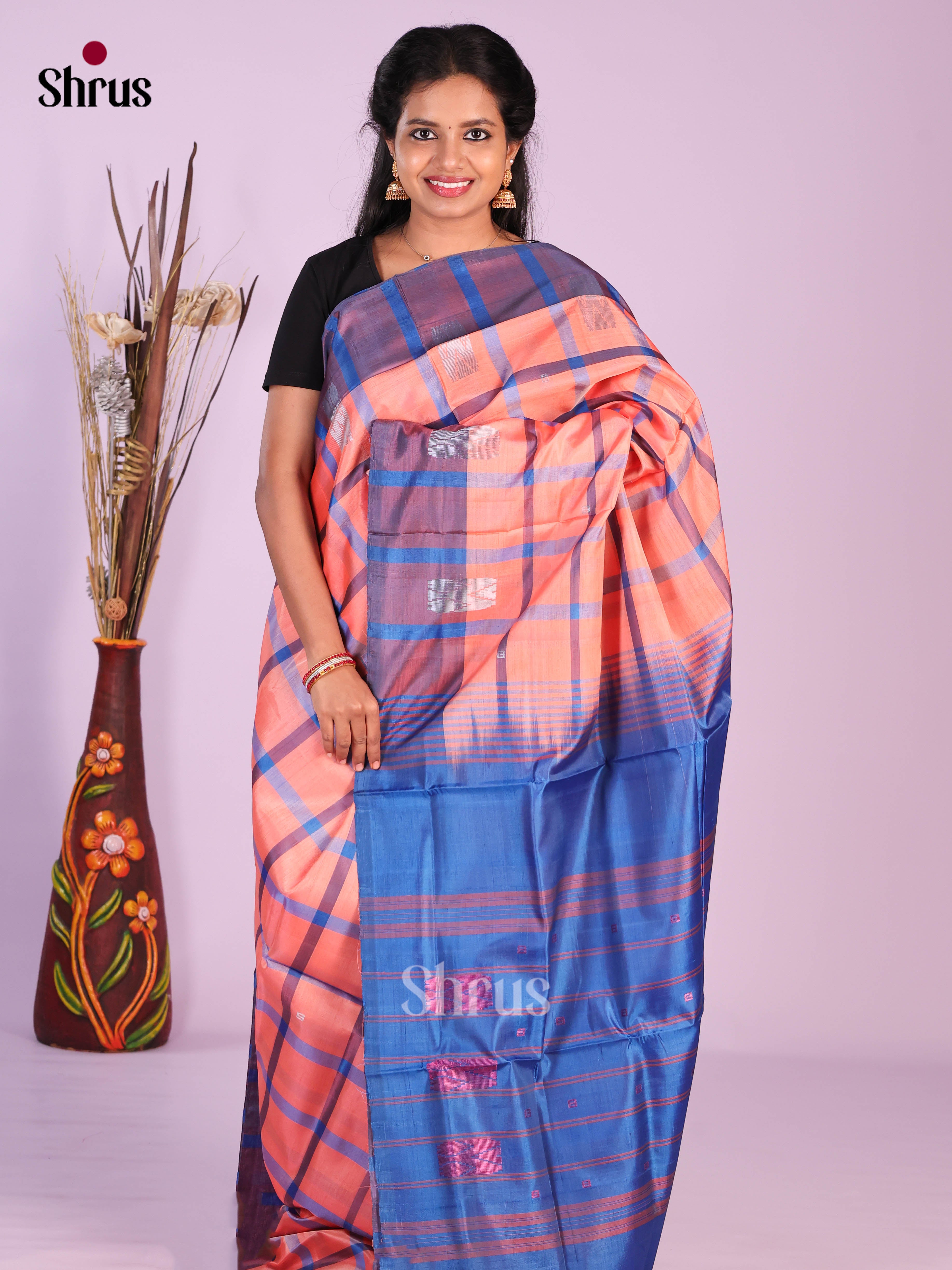 Peach & Blue - Banana Pith without blouse Saree