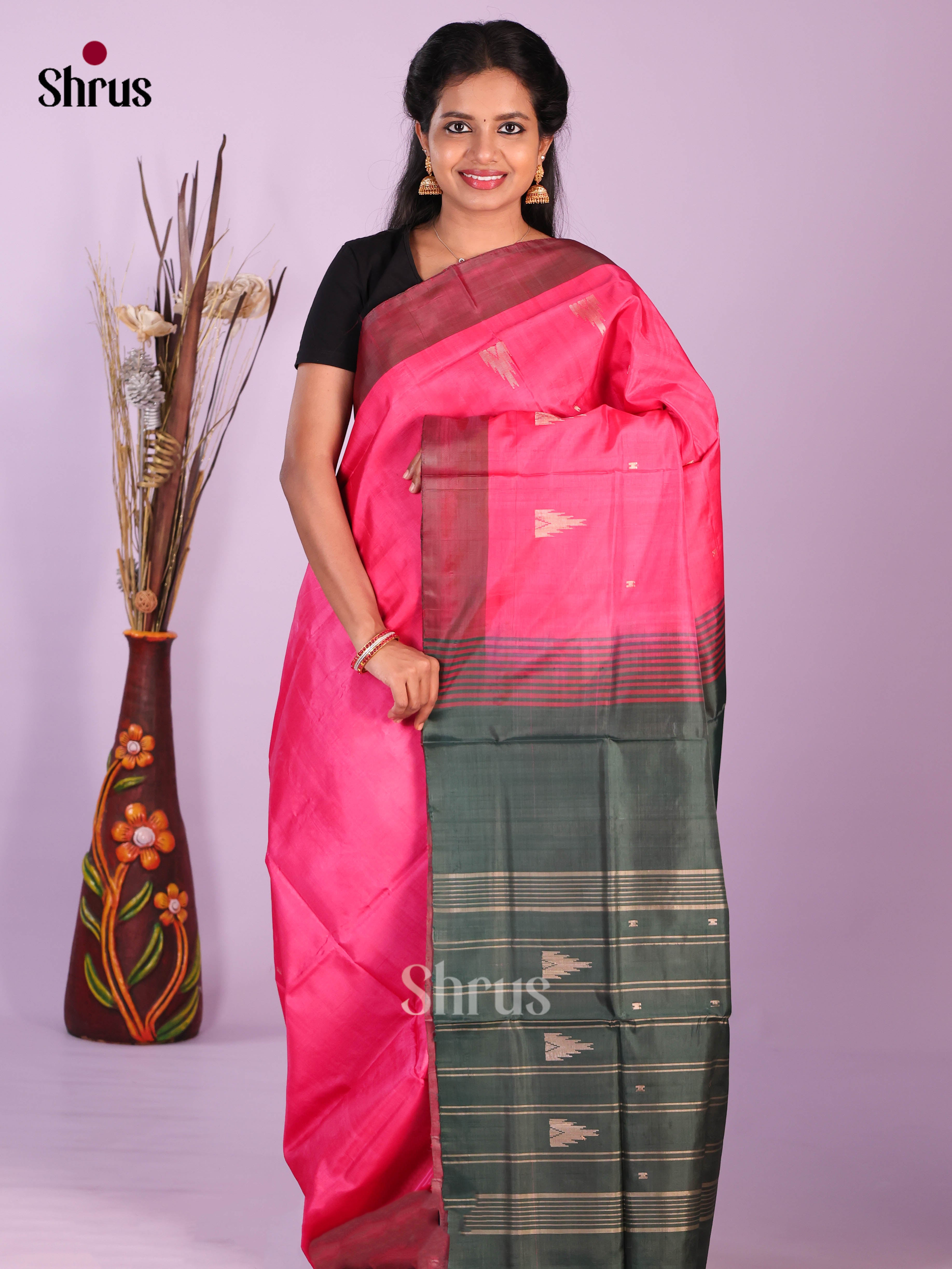 Pink & Green - Banana Pith without blouse Saree