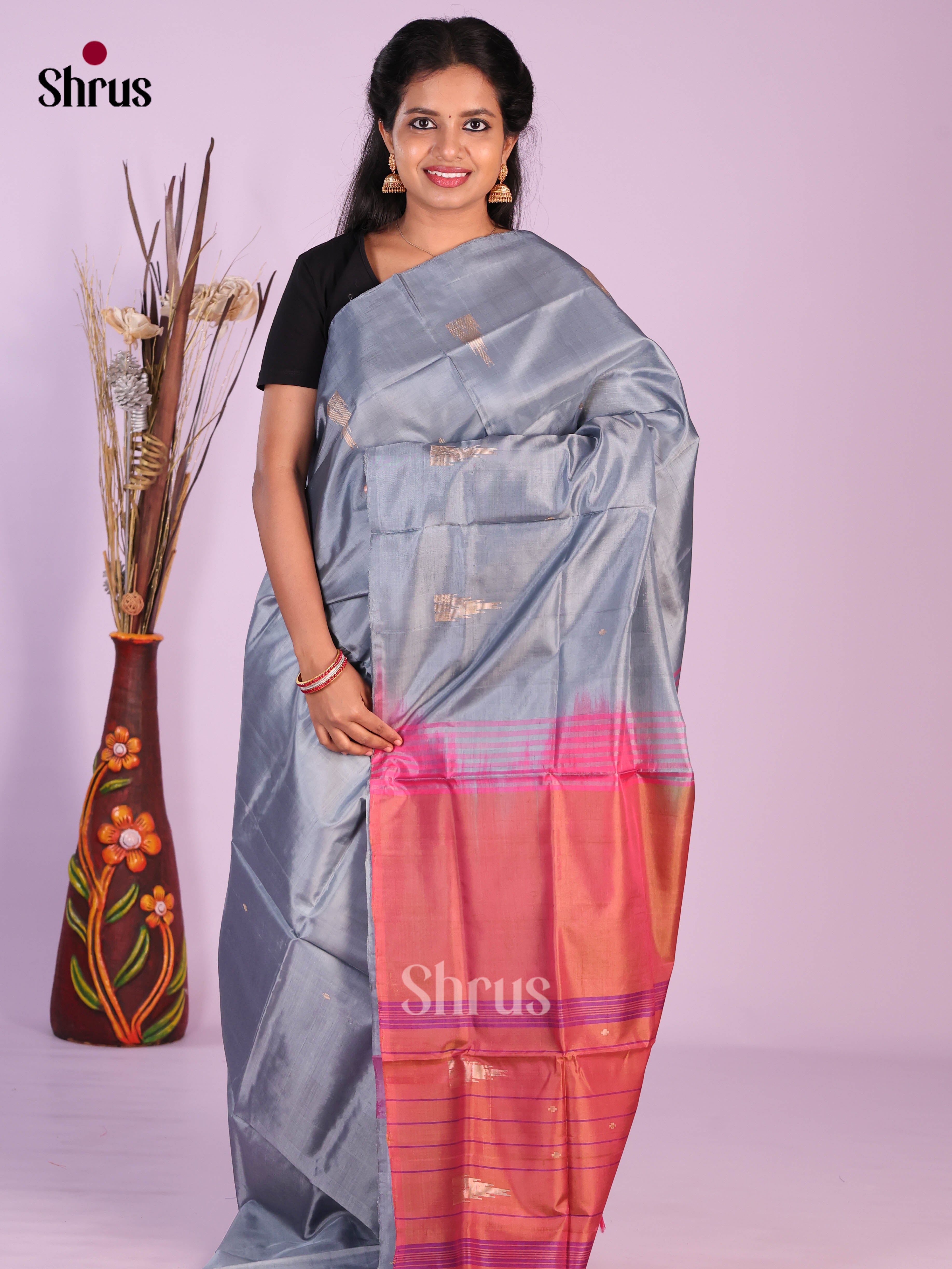 Grey & Orange - Banana Pith without blouse Saree