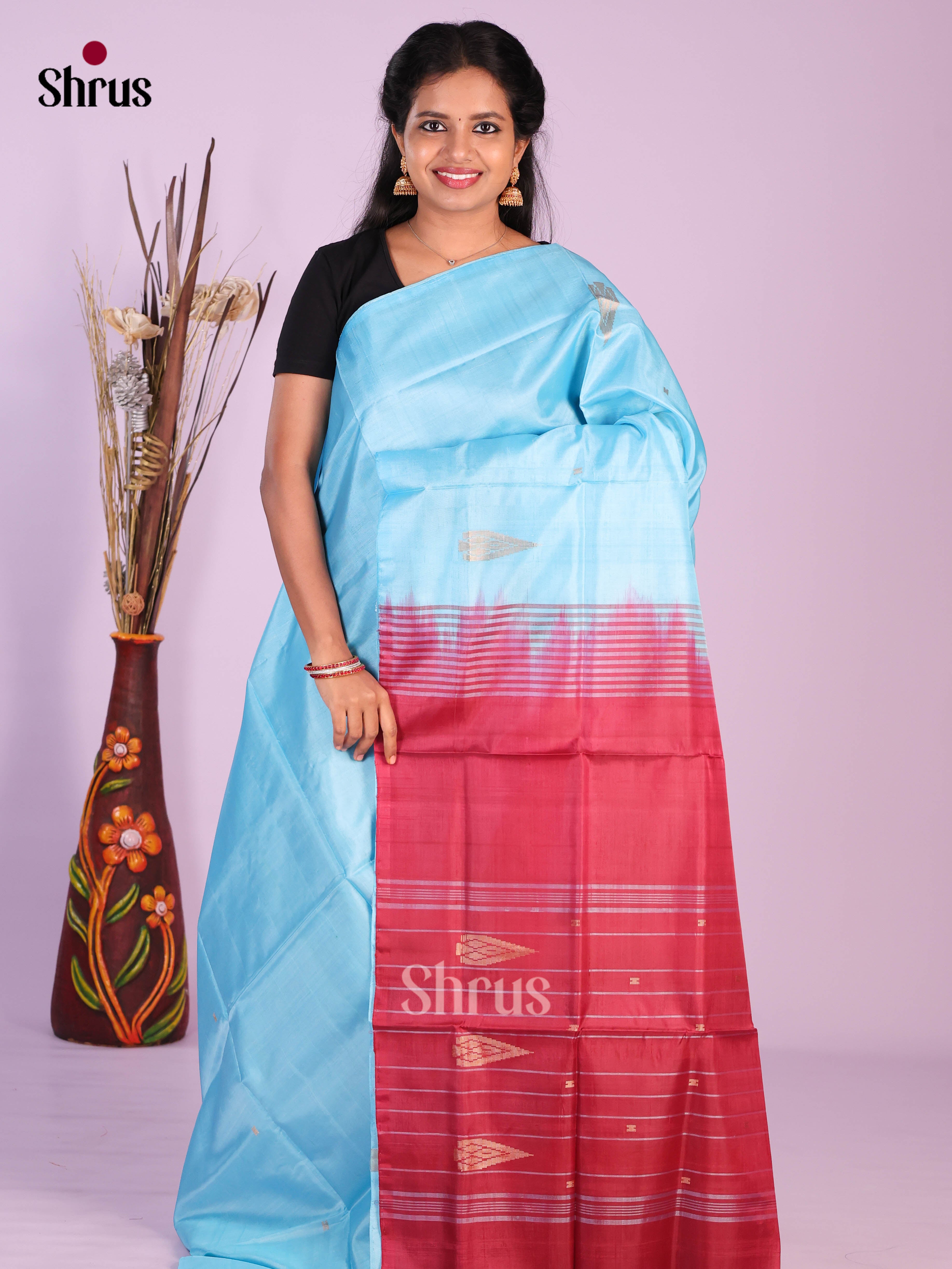 Sky Blue & Red - Banana Pith without blouse Saree
