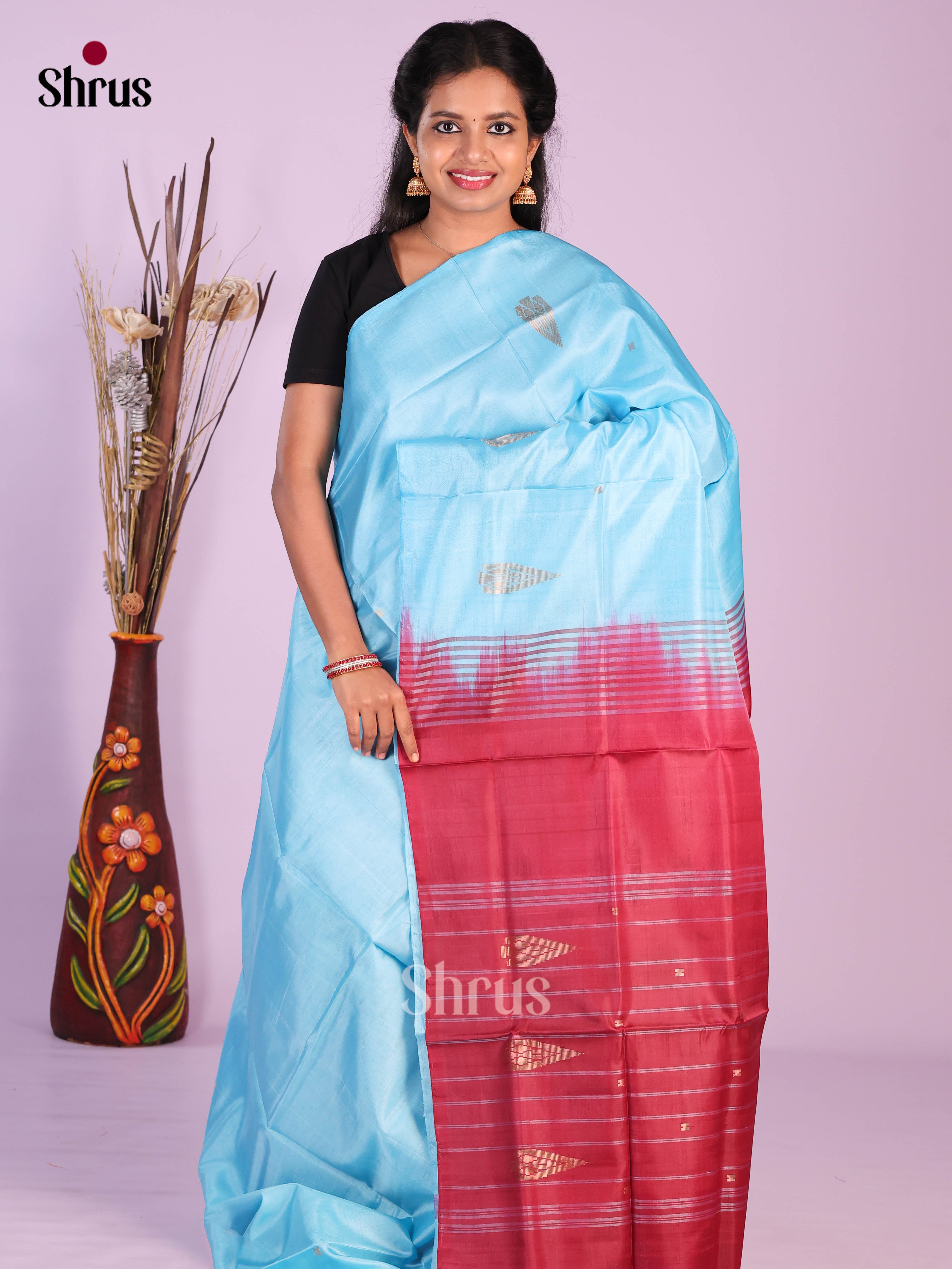 Sky Blue & Red- Banana Pith without blouse Saree