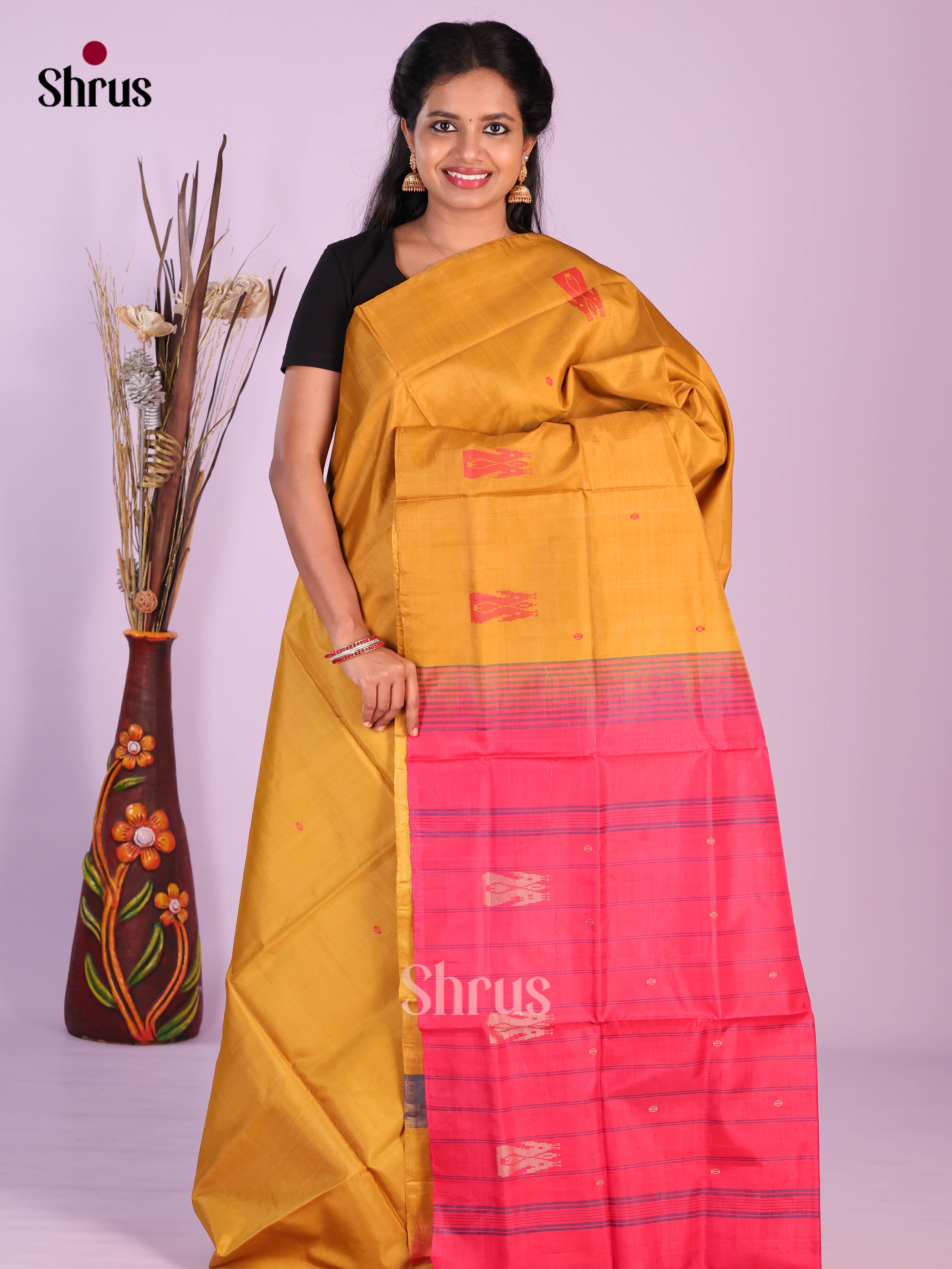 Mustard & pink - Banana Pith without blouse Saree