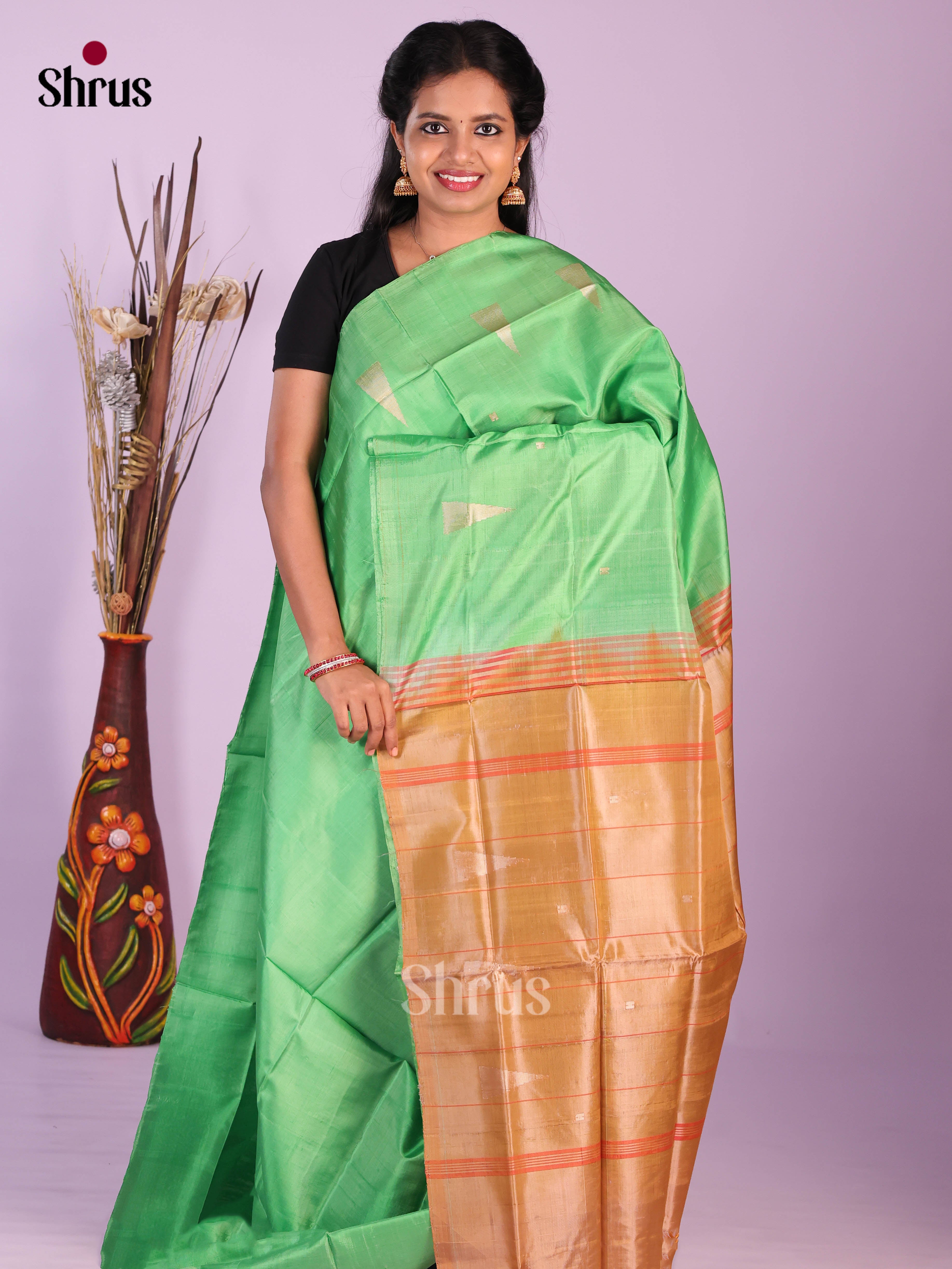Pista Green & Light Brown - Banana Pith without blouse Saree