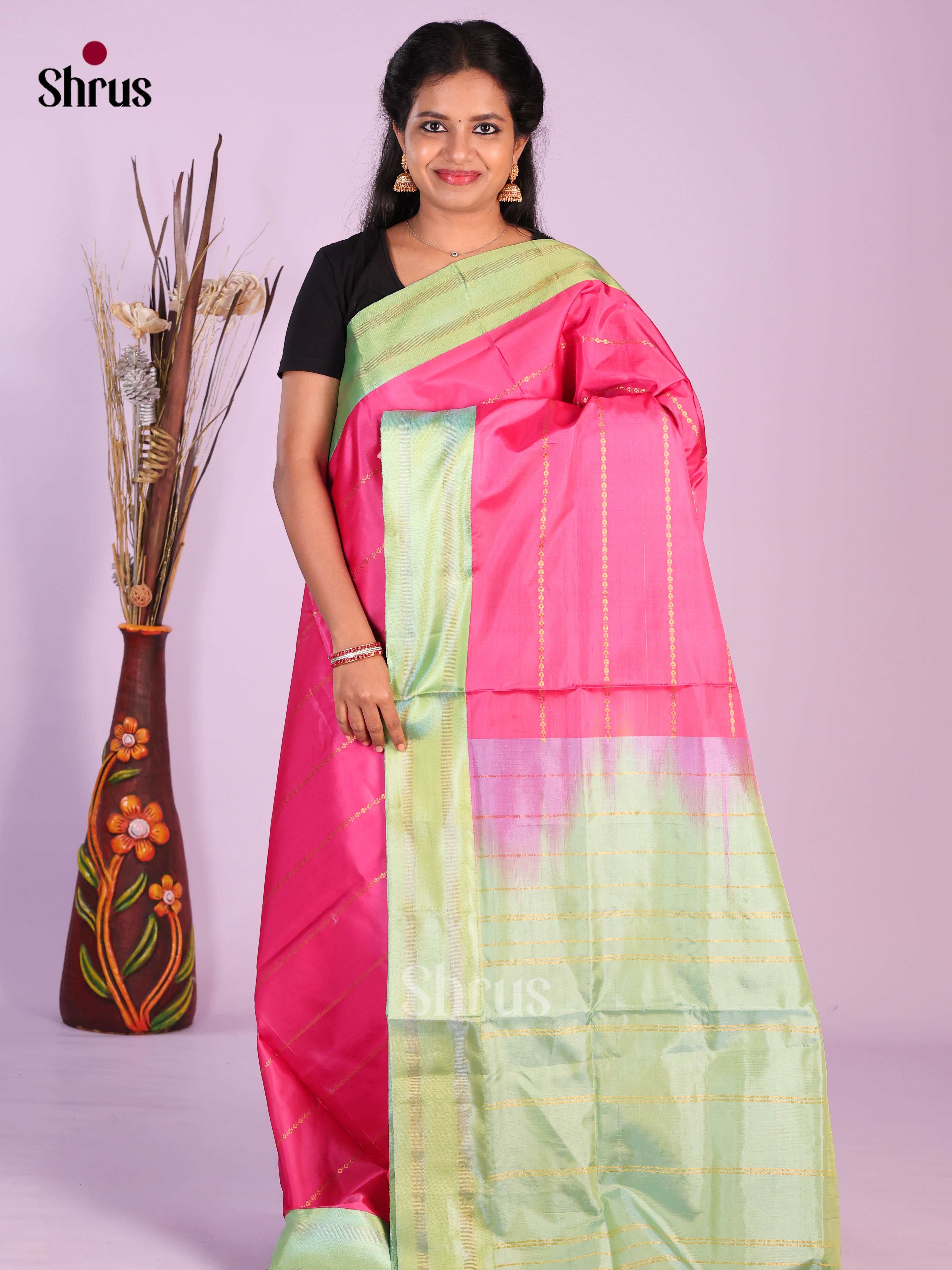 Pink & Pastel Green - Banana Pith Saree