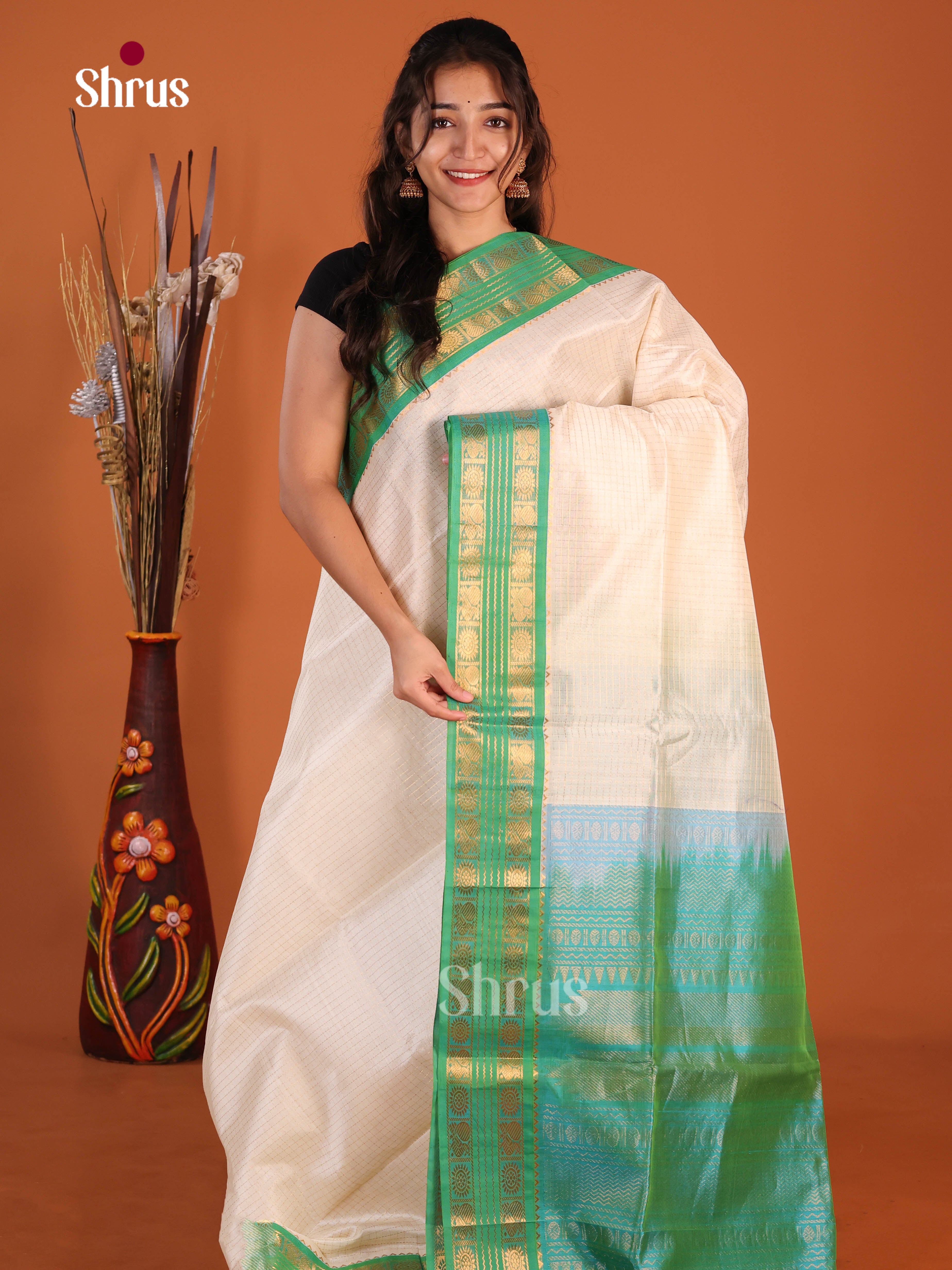 Cream & Green - Silk Cotton Korvai-kattams Saree with rettaipet zari border