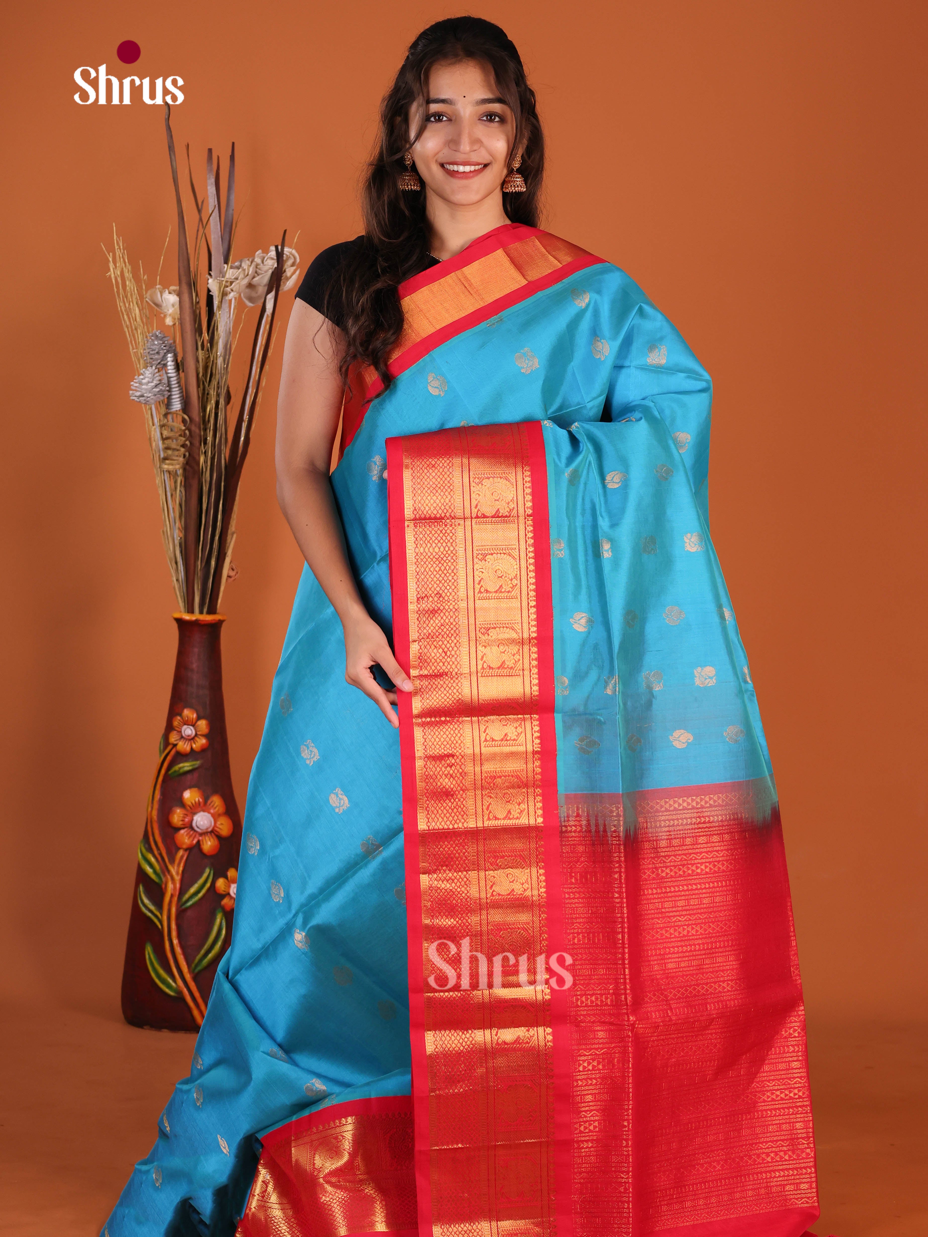 Blue & Red Silk Cotton Korvai-Medium border Saree with zari peacock buttas