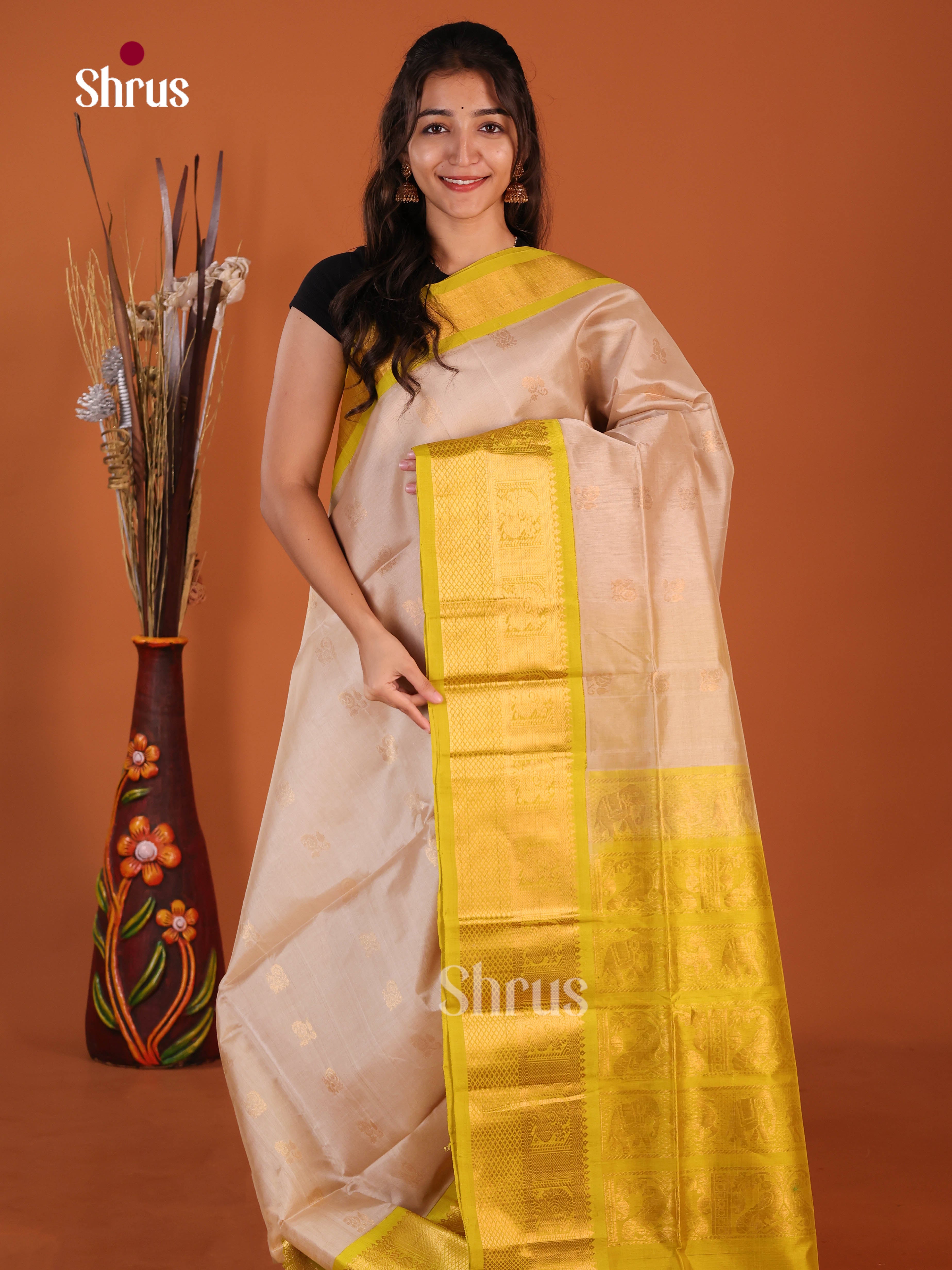 Grey & Green Silk Cotton Korvai-Medium border Saree with zari peacock buttas - Shop on Shrus.com