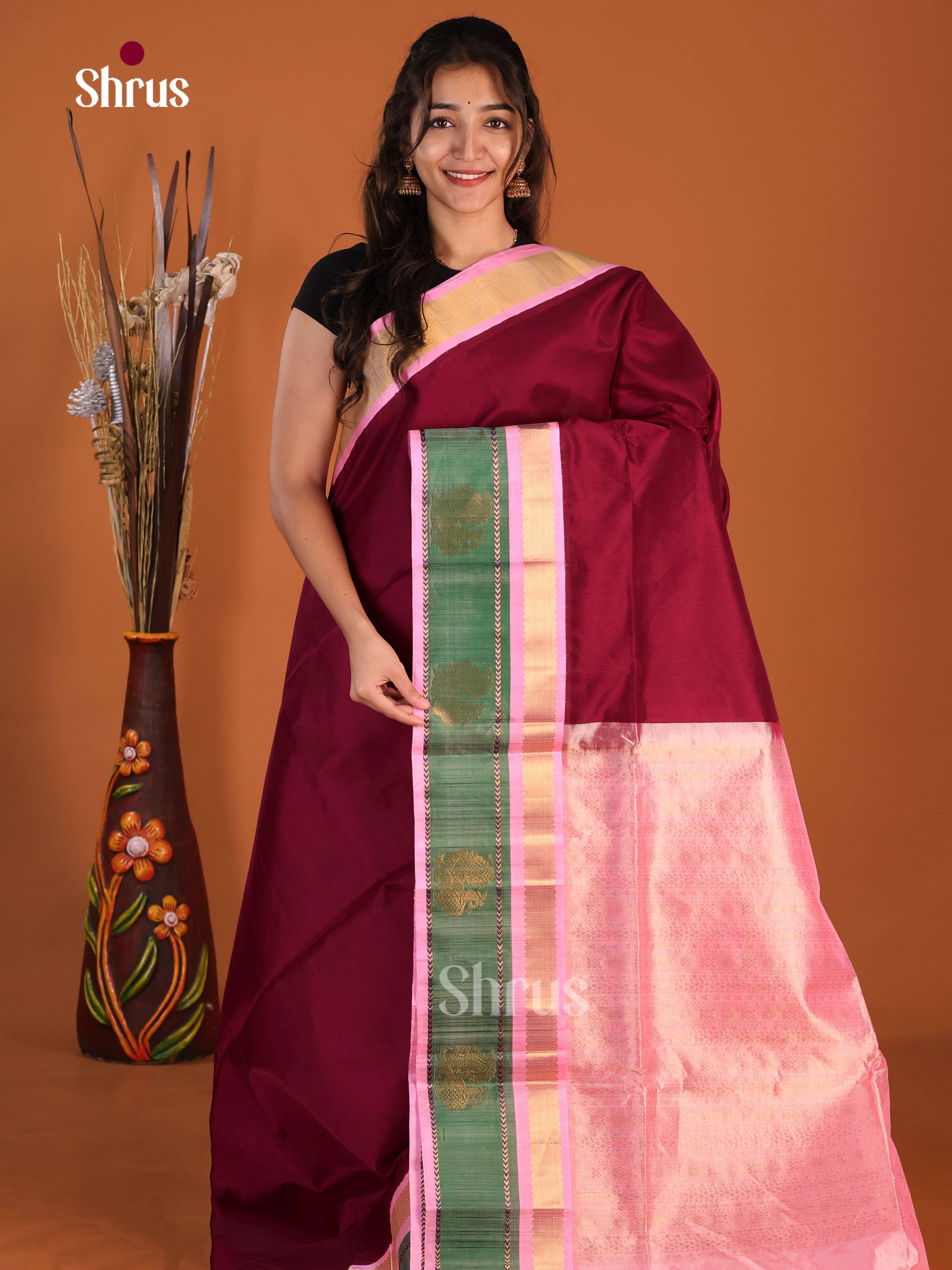 Maroon & Pink Silk Cotton Korvai-Medium border Saree