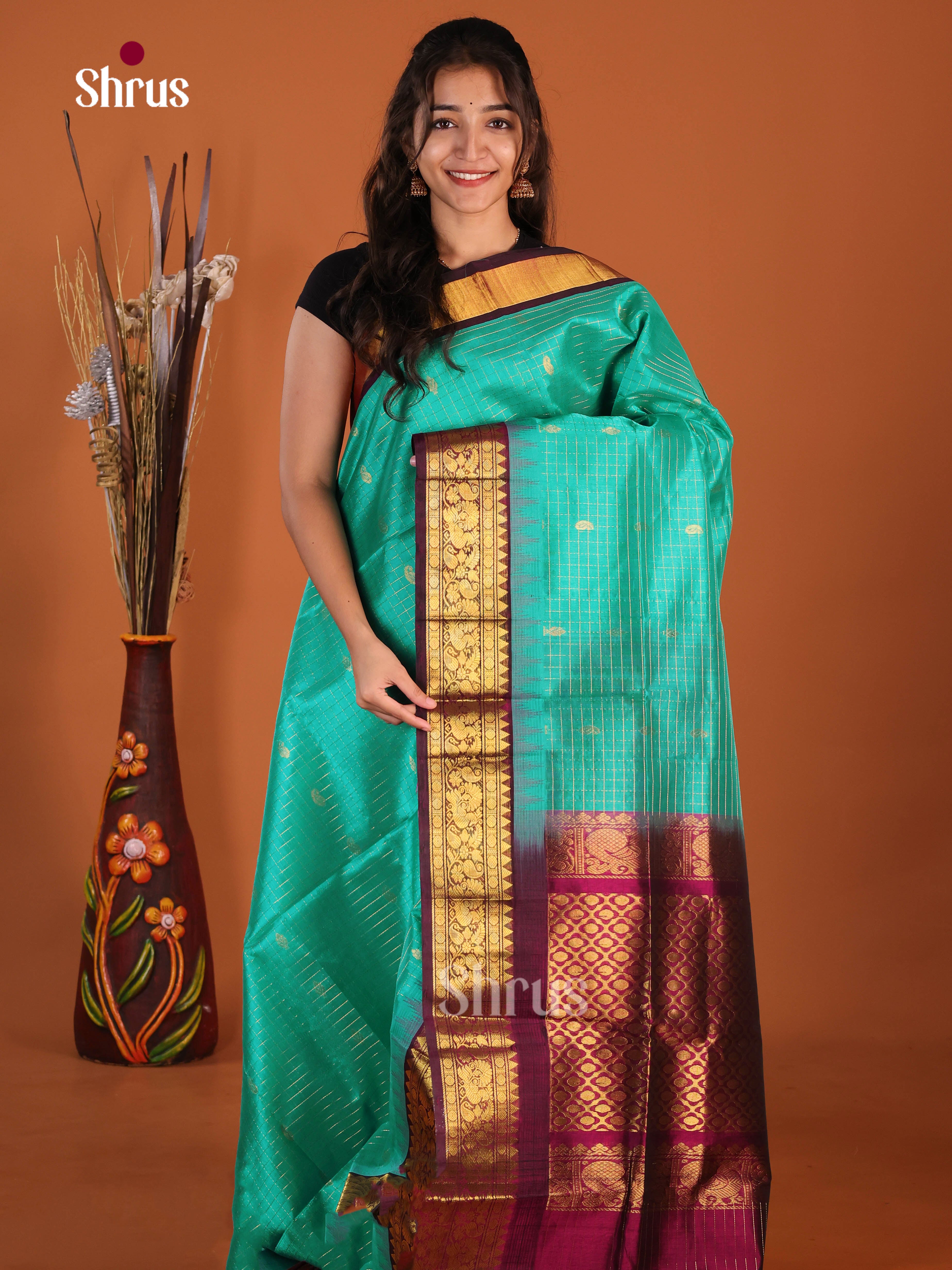 Green & Maroon Silk Cotton Korvai-kattams Saree - Shop on Shrus.com