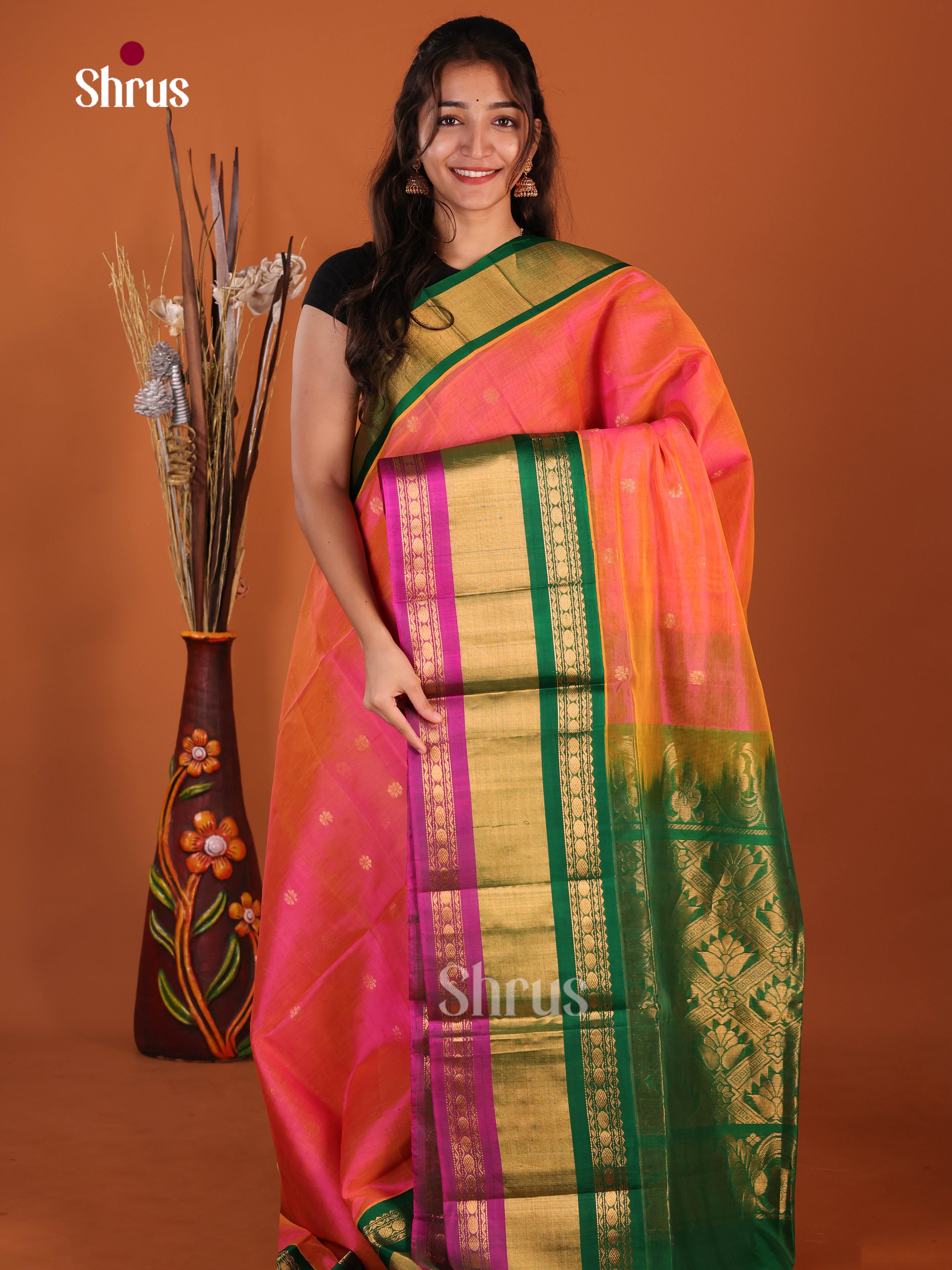 Orange & Green - Silk Cotton Korvai-Medium border Saree - Shop on Shrus.com
