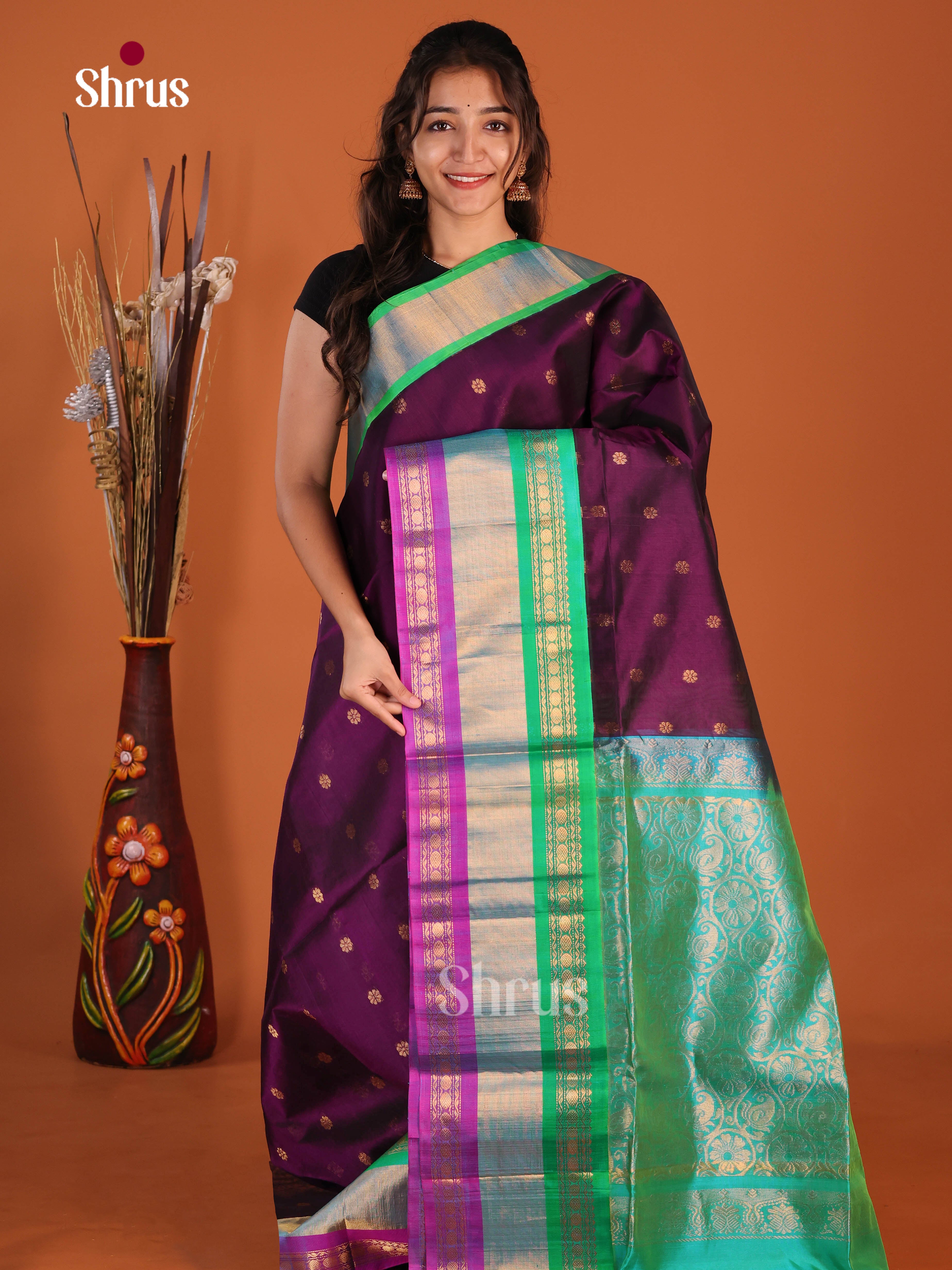 Violet & Green -Silk Cotton Korvai-Medium border Saree - Shop on Shrus.com