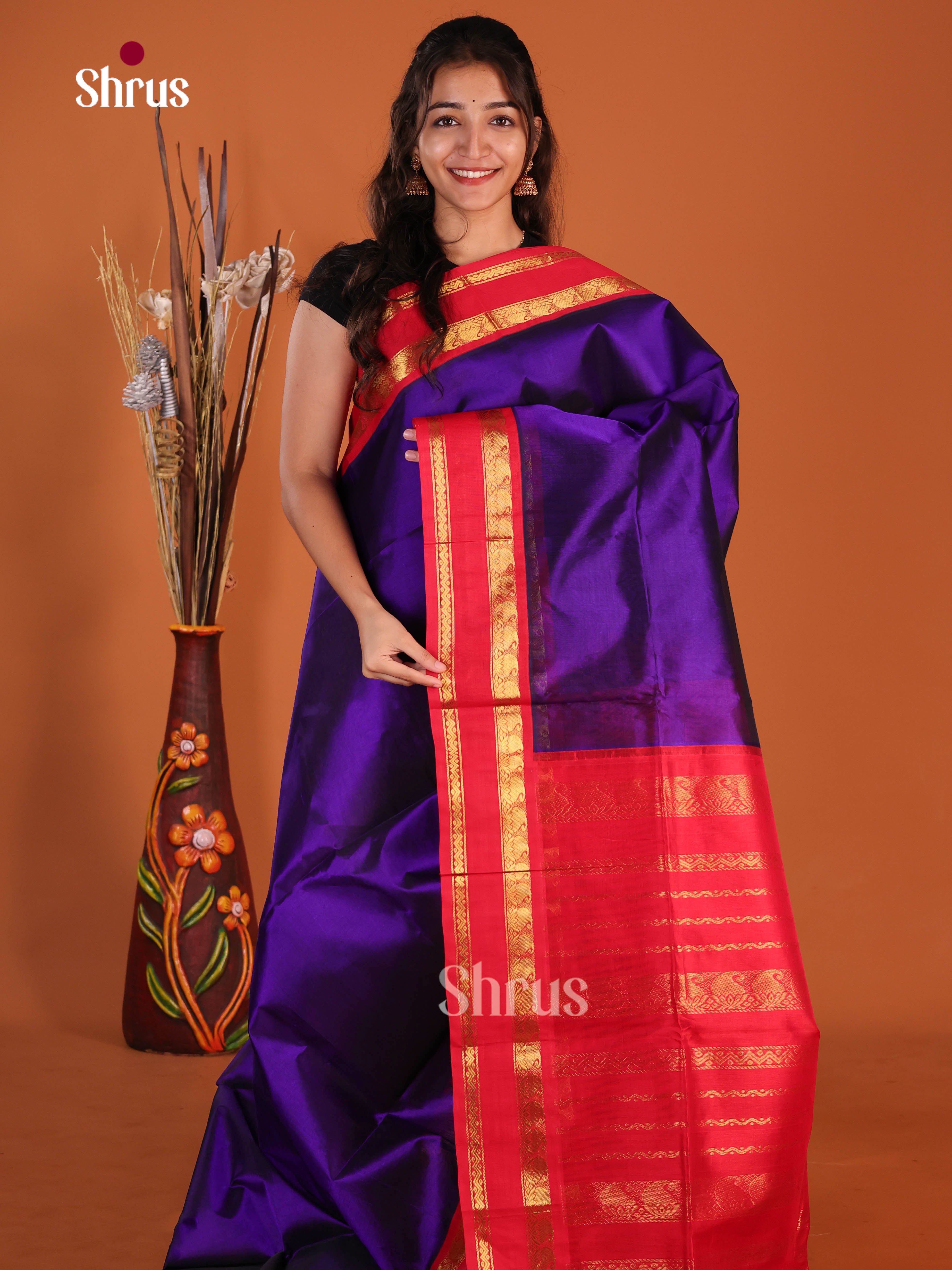 Blue & Red Silk Cotton Korvai-Big border Saree