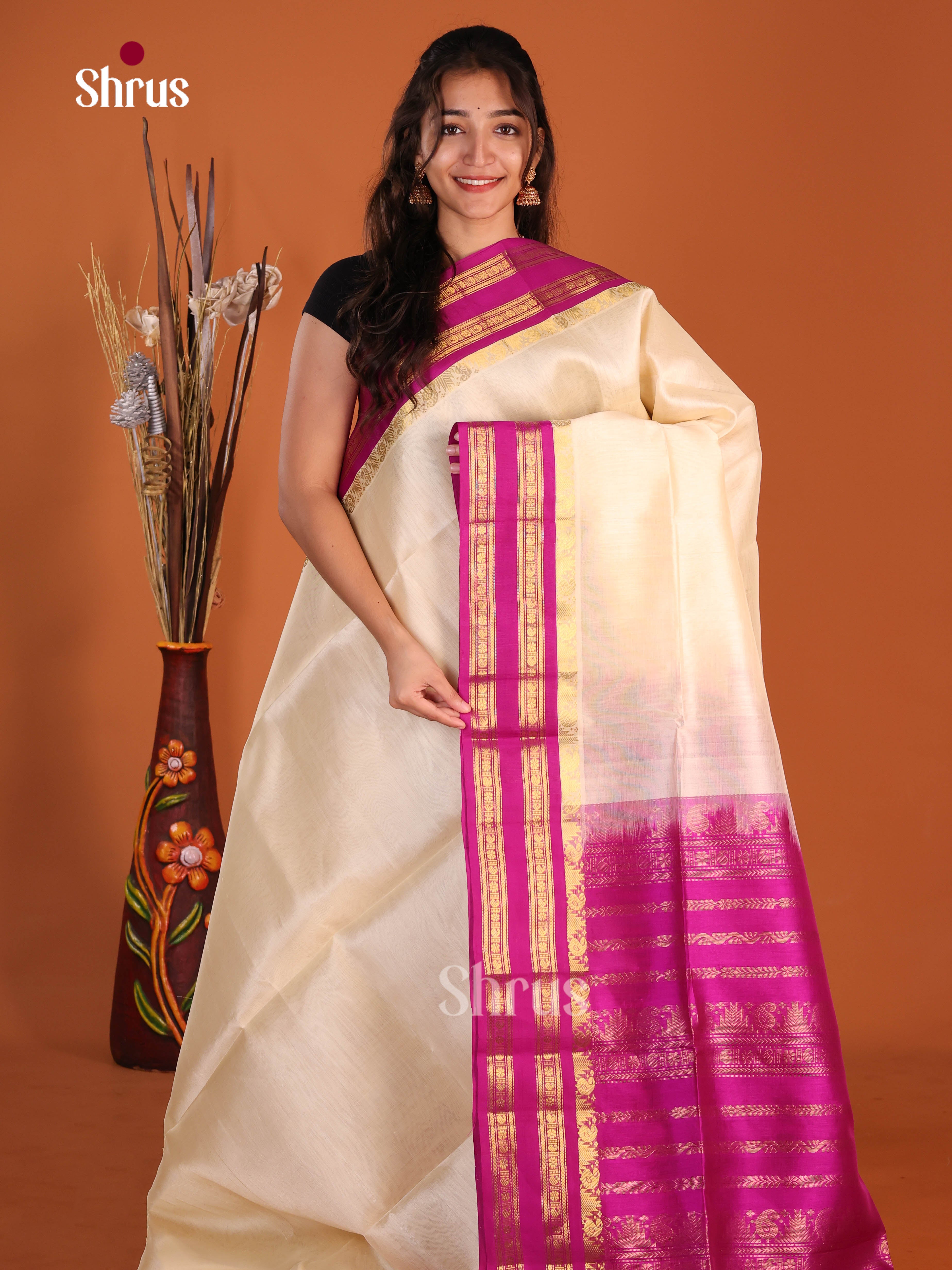 Cream & Majenta - Silk Cotton Korvai-Big border Saree