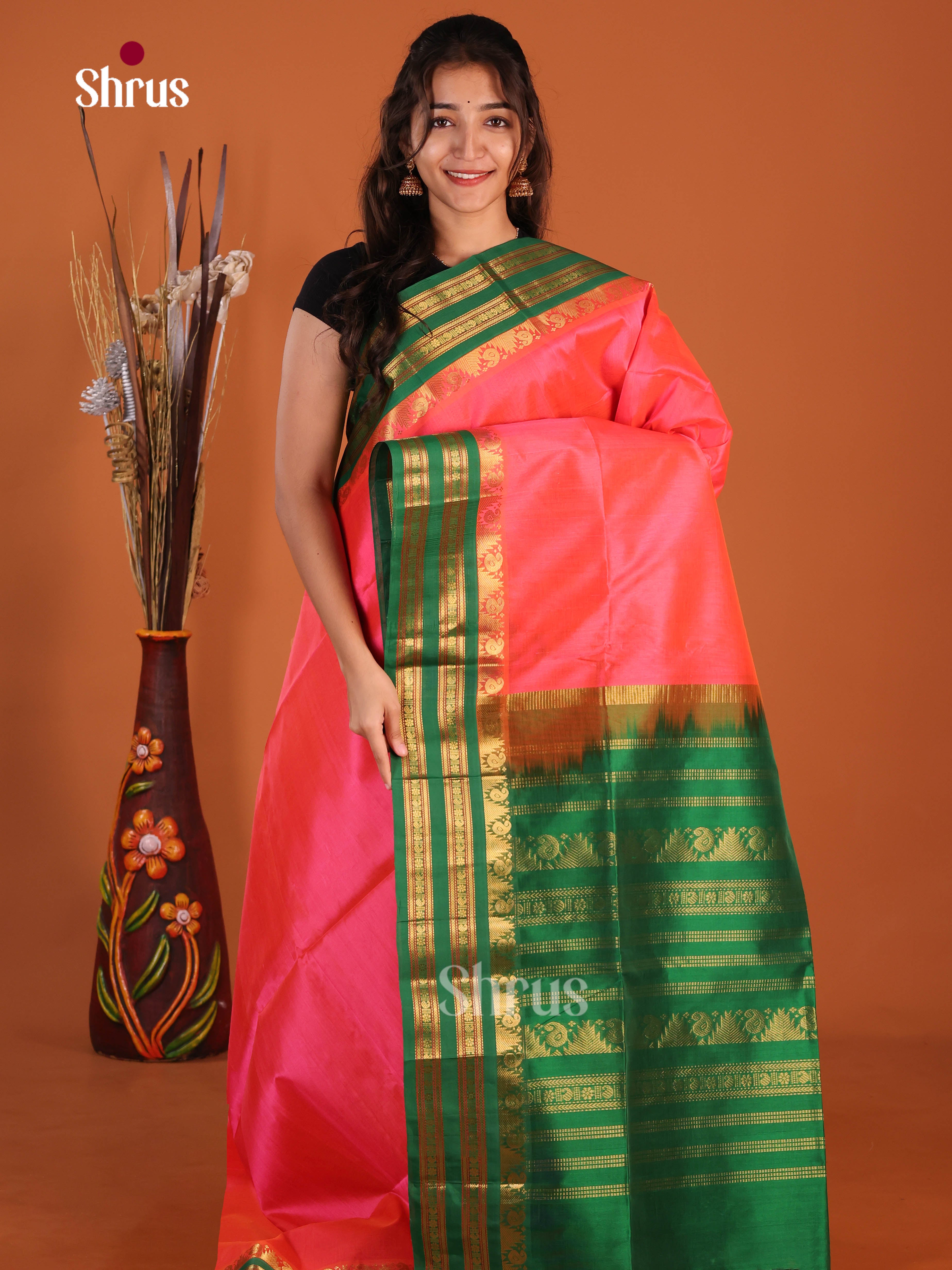 Orangish Pink & Green Silk Cotton Korvai-Big border Saree