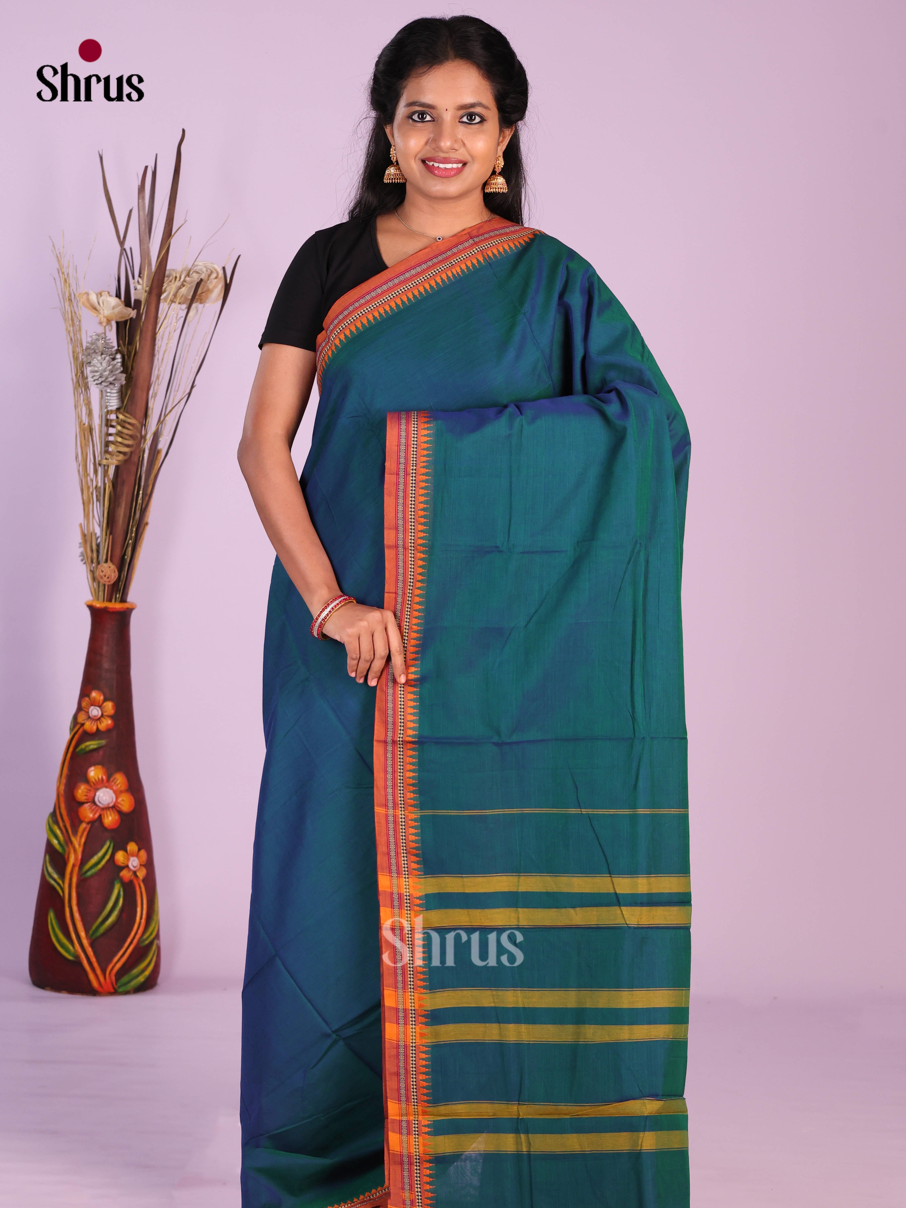 Peacock Blue & Brick- Narayanpet Cotton Saree