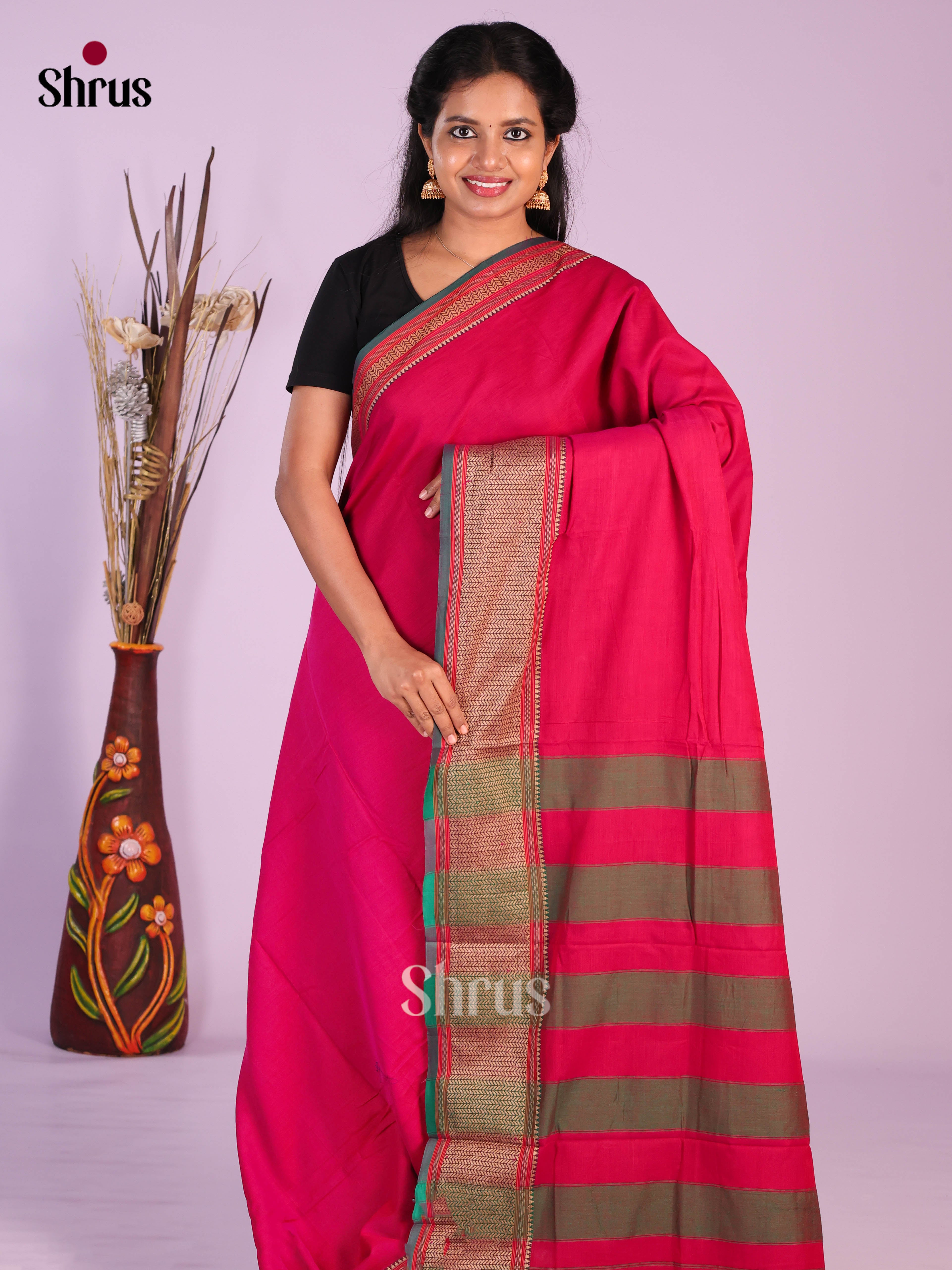 Reddish Pink & Green - Narayanpet Cotton Saree