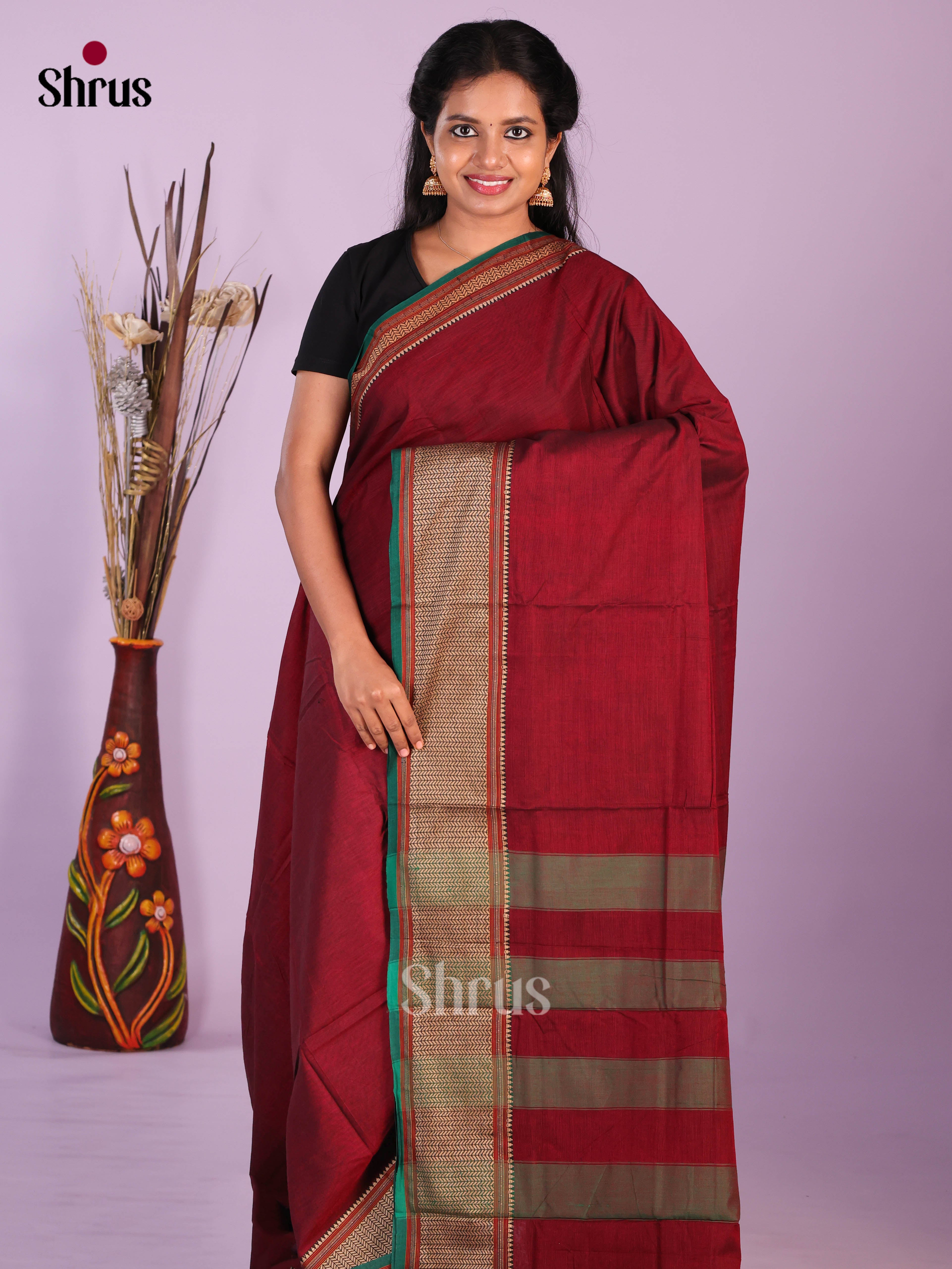 Maroon & Green - Narayanpet Cotton Saree