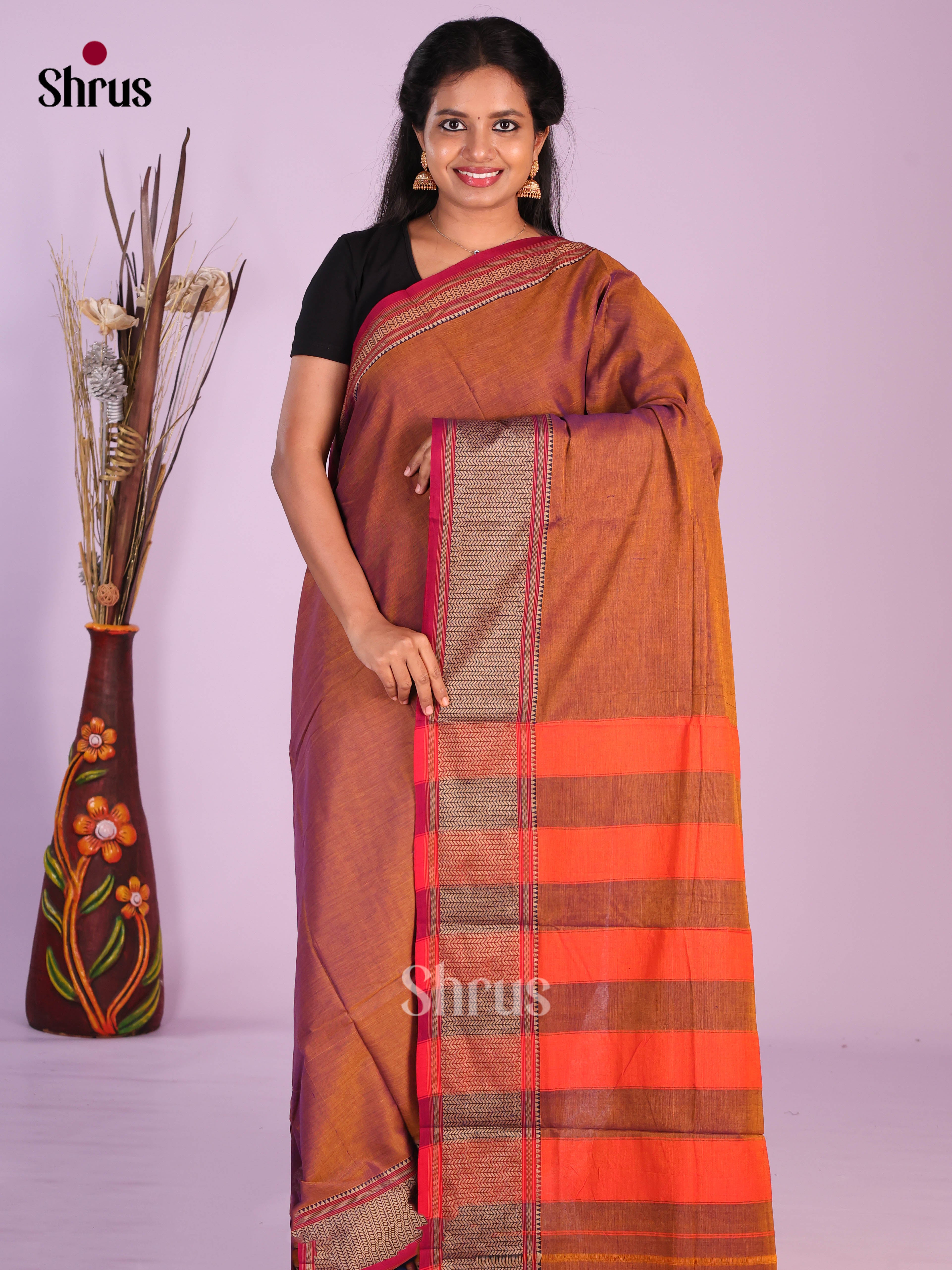 Dark Mustard & Red - Narayanpet Cotton Saree