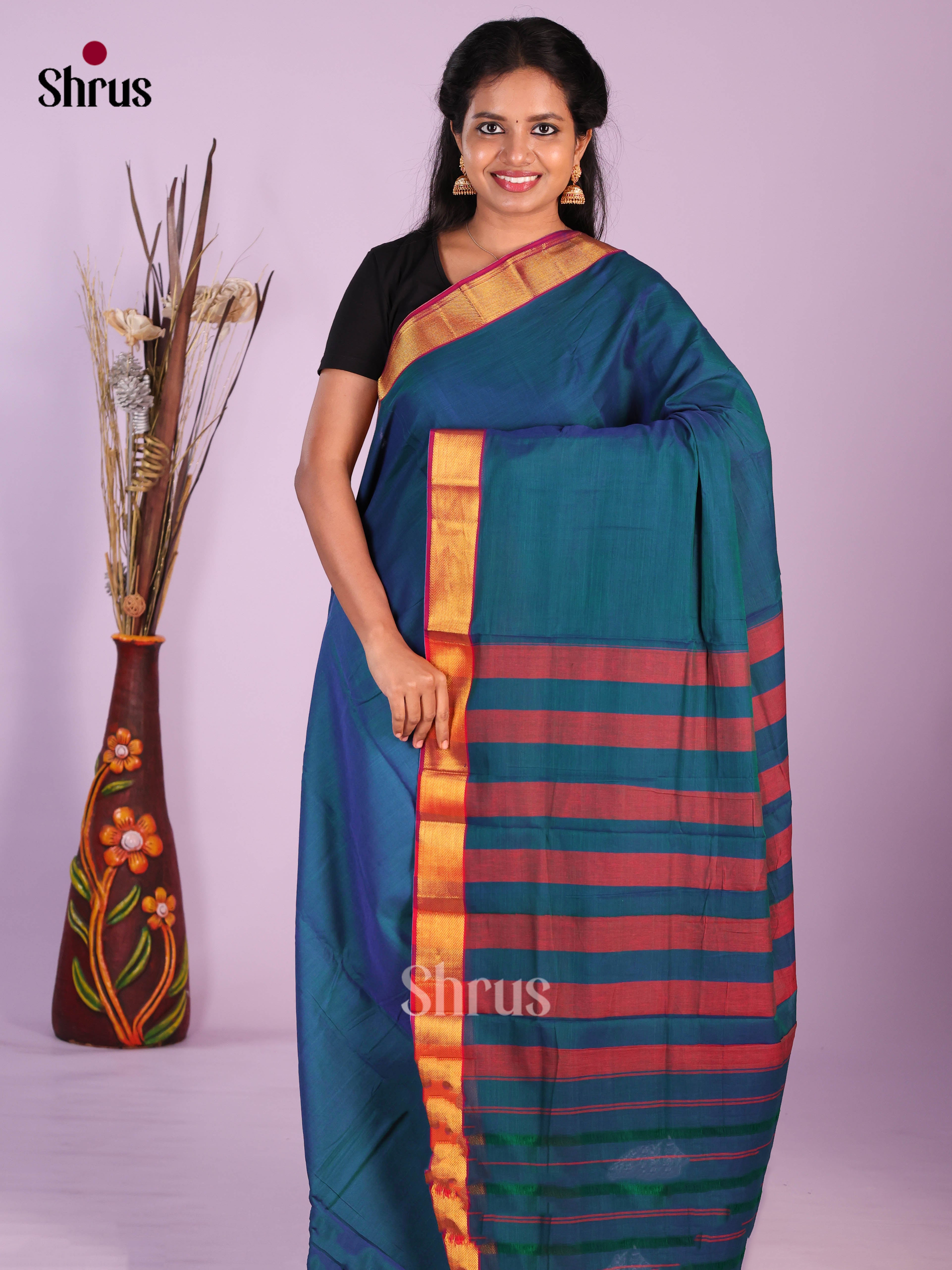 Peacock Blue & Red- Narayanpet Cotton Saree