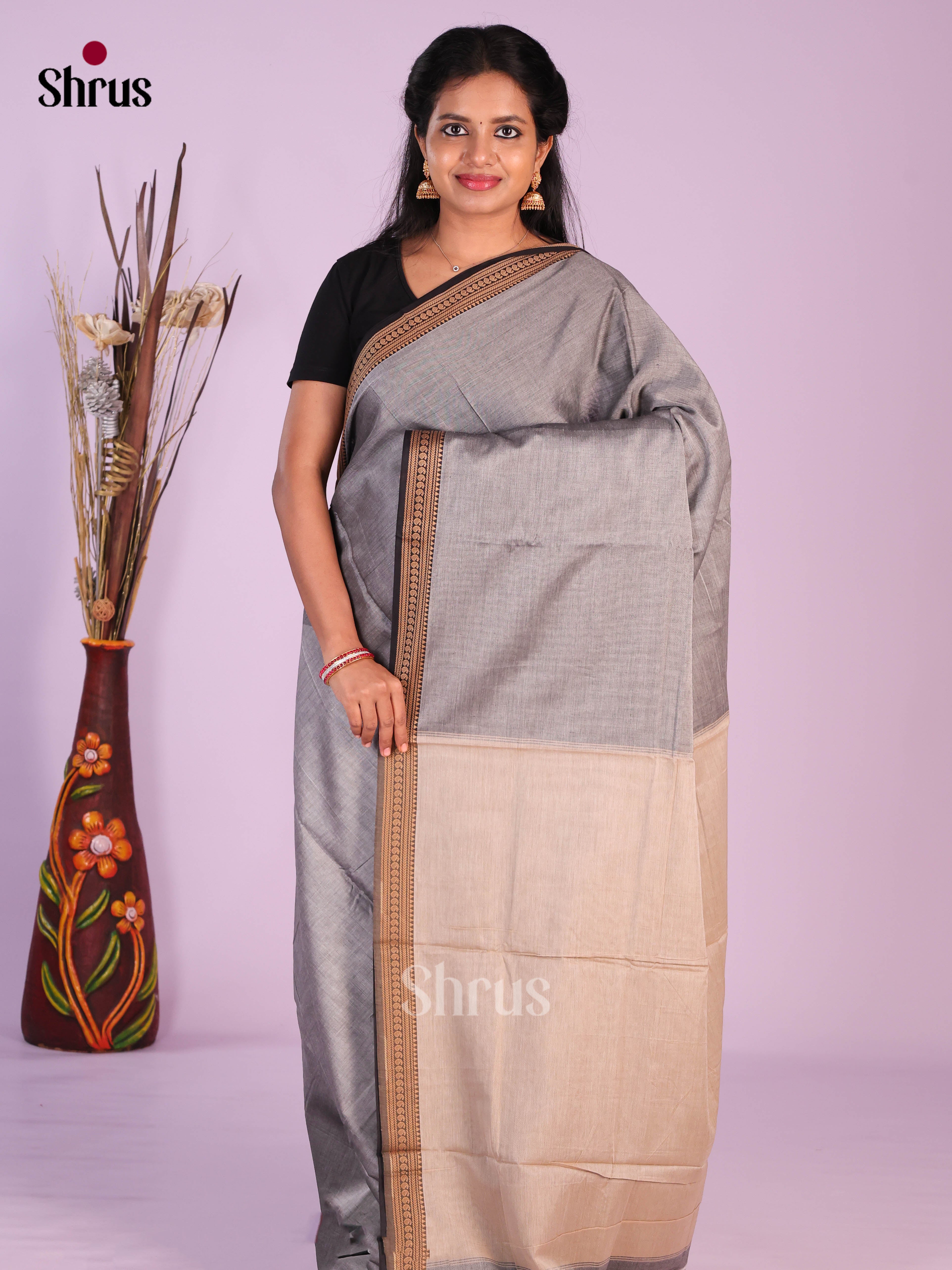 Grey & Black - Narayanpet Cotton Saree