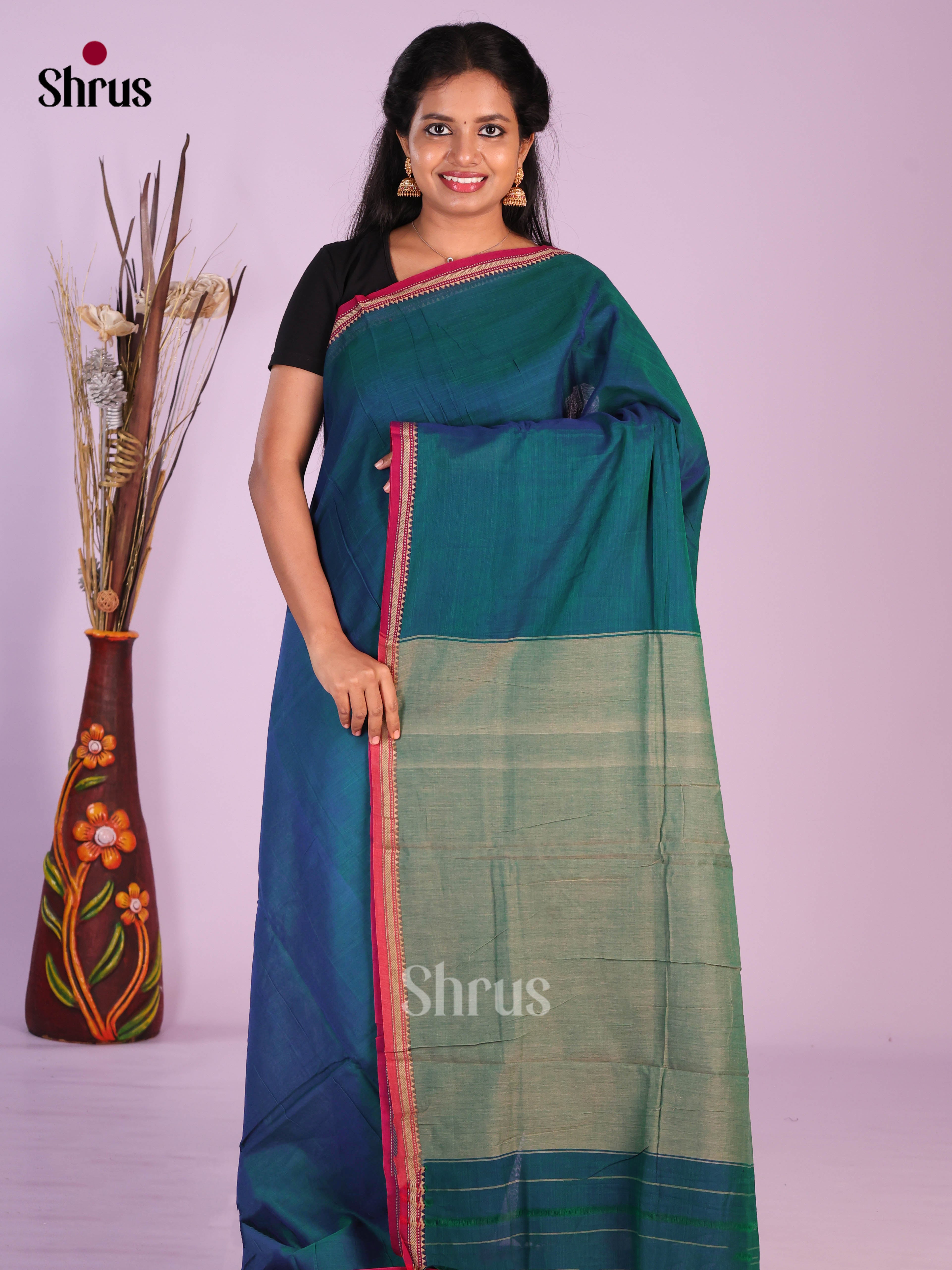 Peacock Blue & Red - Narayanpet Cotton Saree
