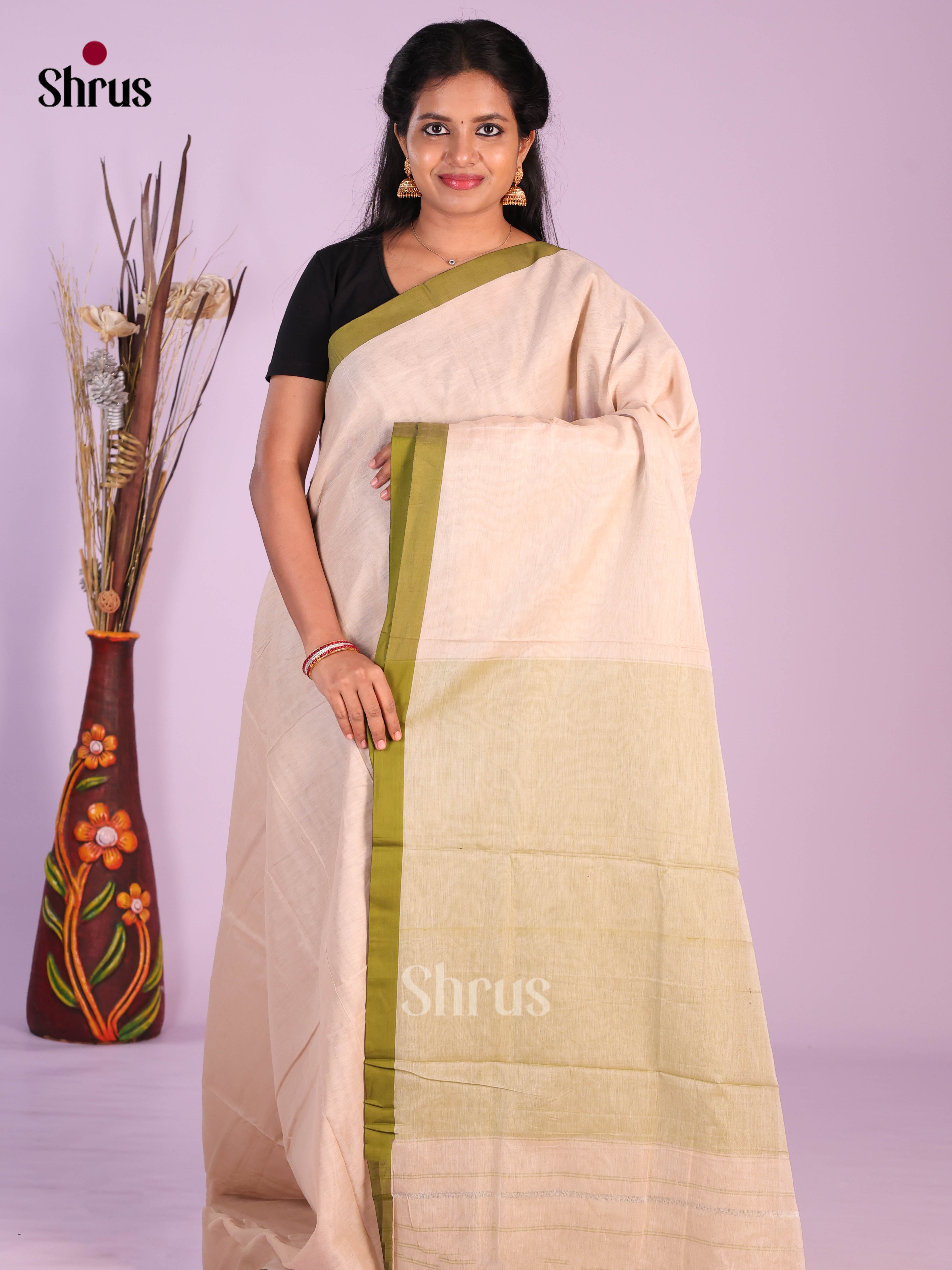 Cream & Green- Narayanpet Cotton Saree