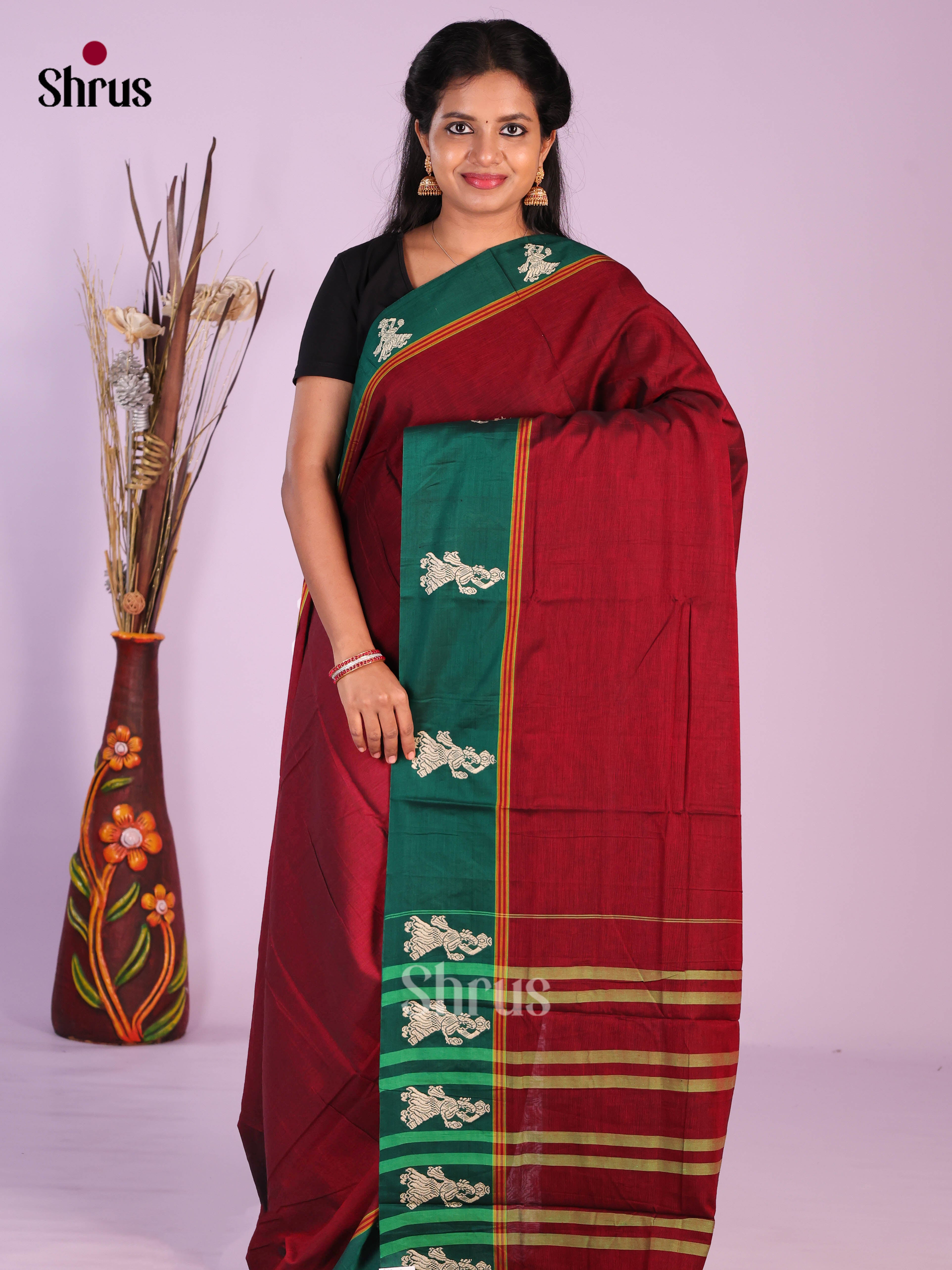 Maroon & Green - Narayanpet Cotton Saree
