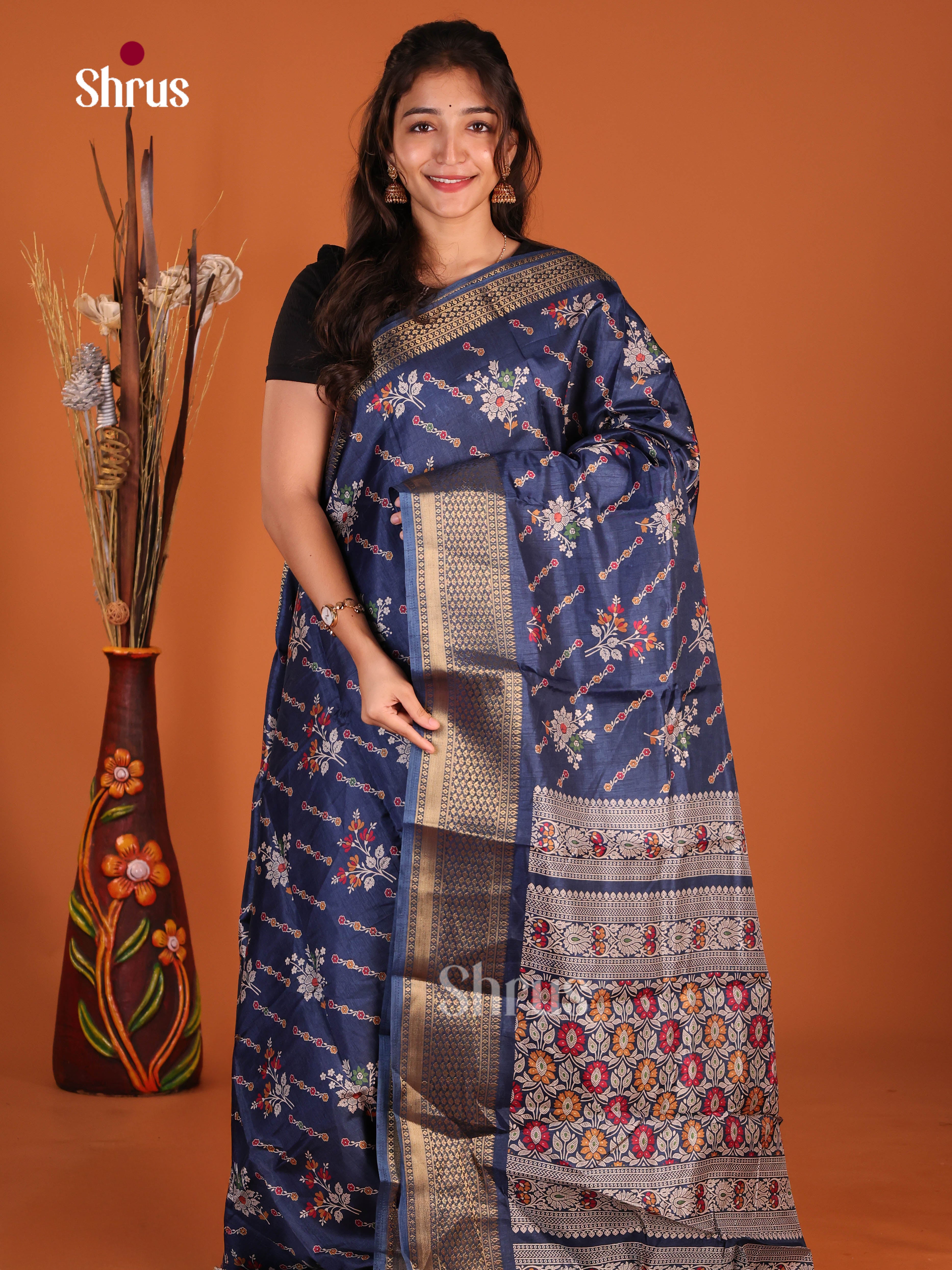 Blue - Semi Crepe Saree
