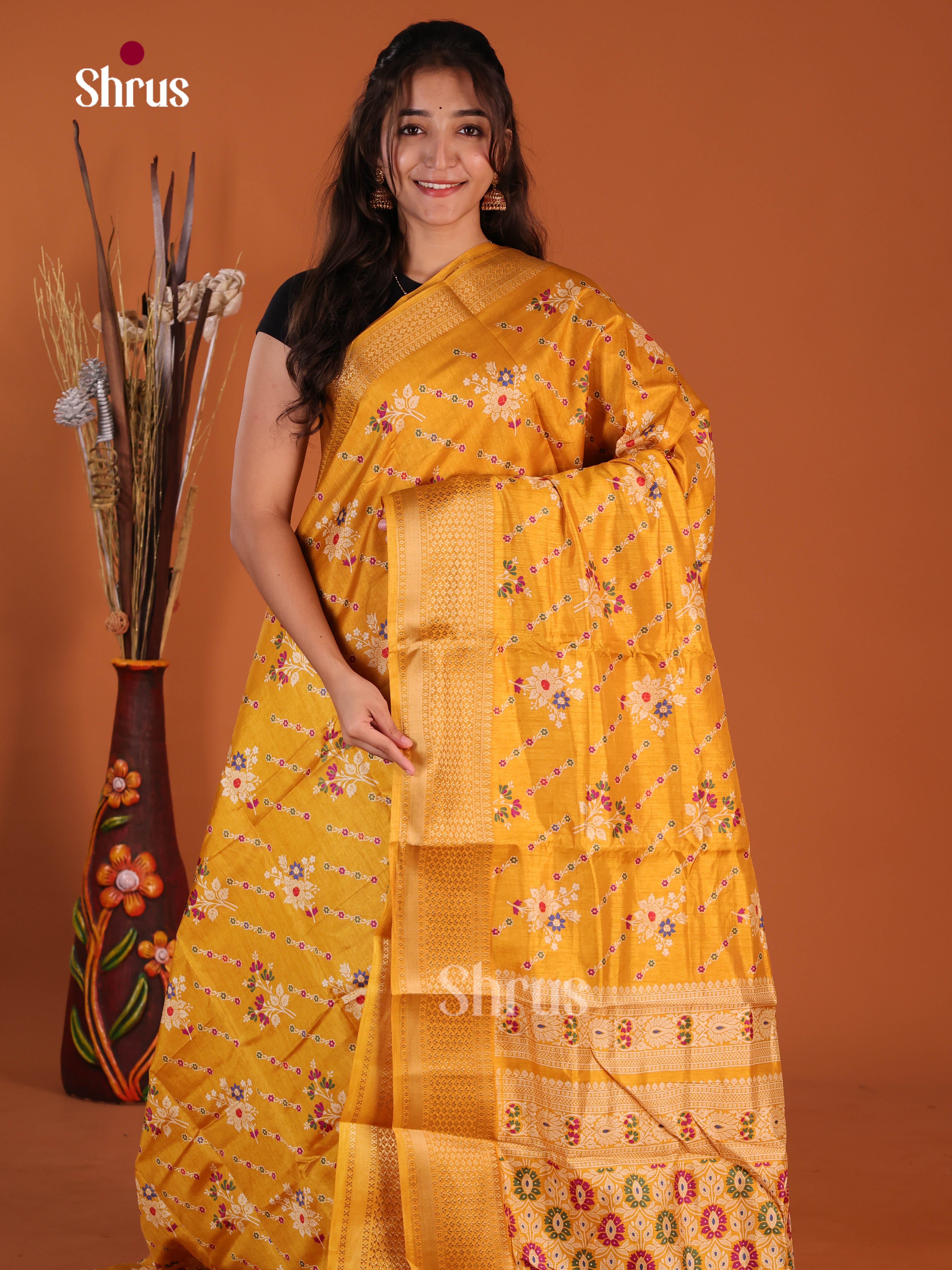 Mustard - Semi Crepe Saree
