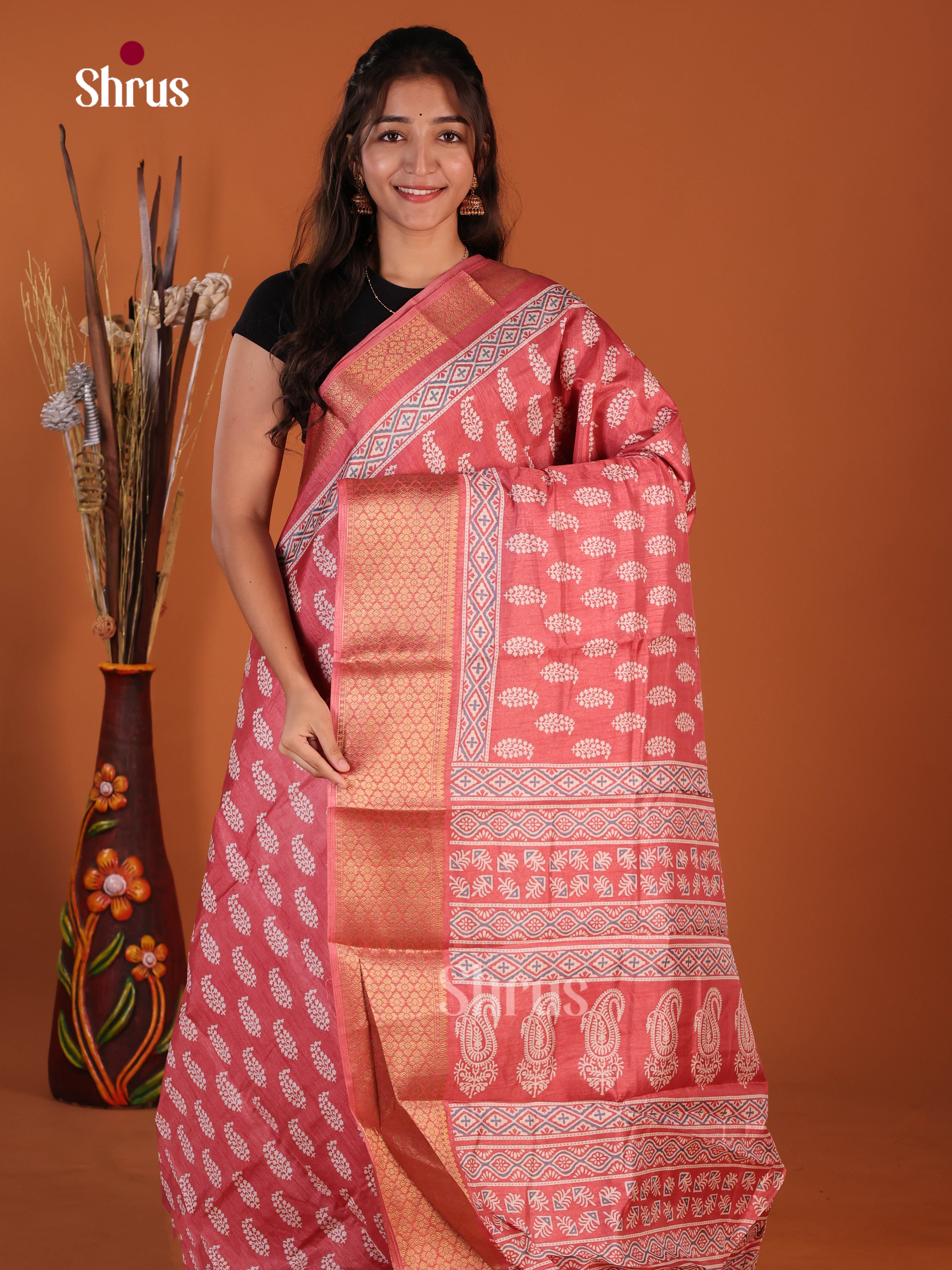 Orangish Pink - Semi Crepe Saree