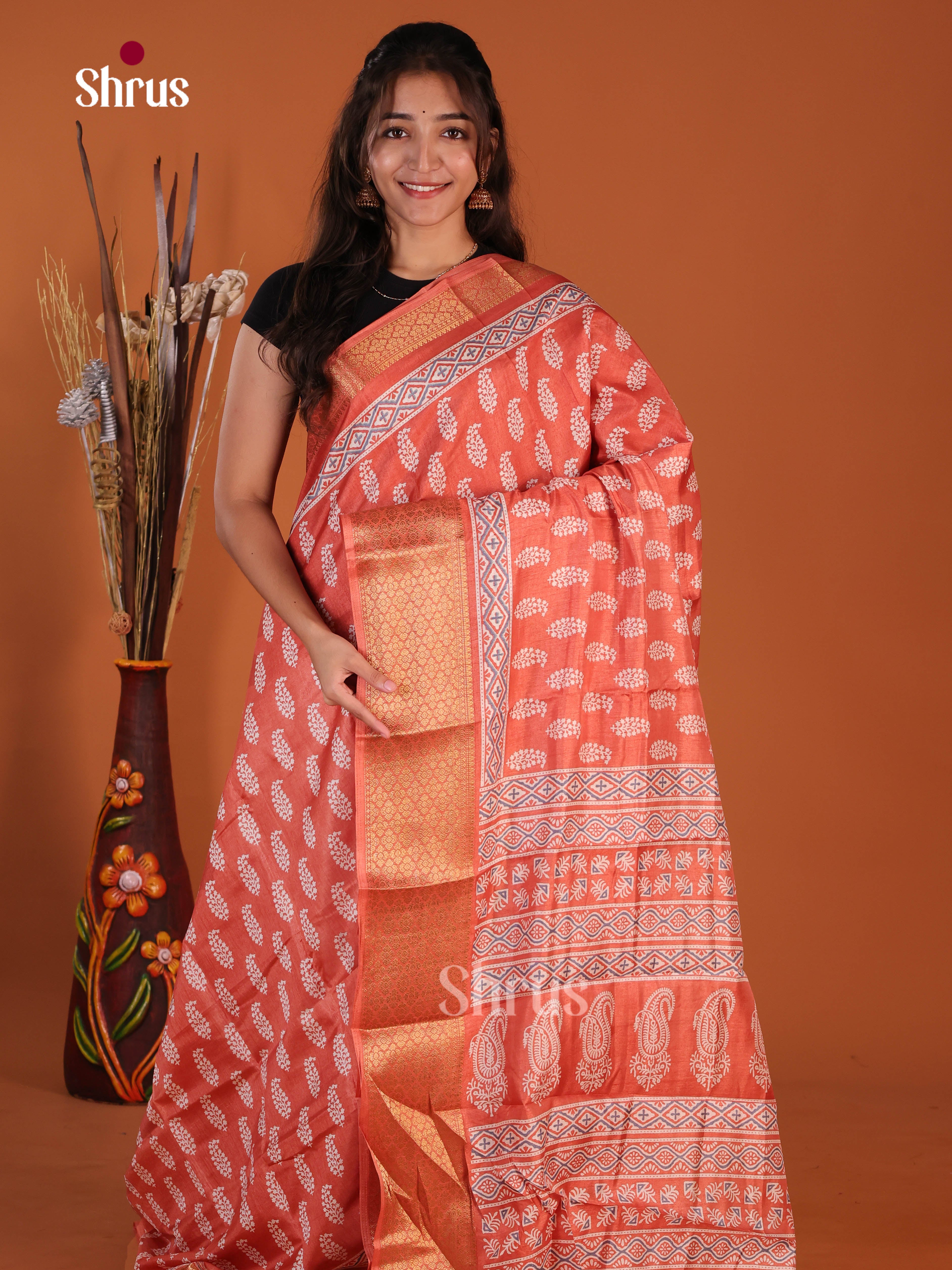 Orange - Semi Crepe Saree