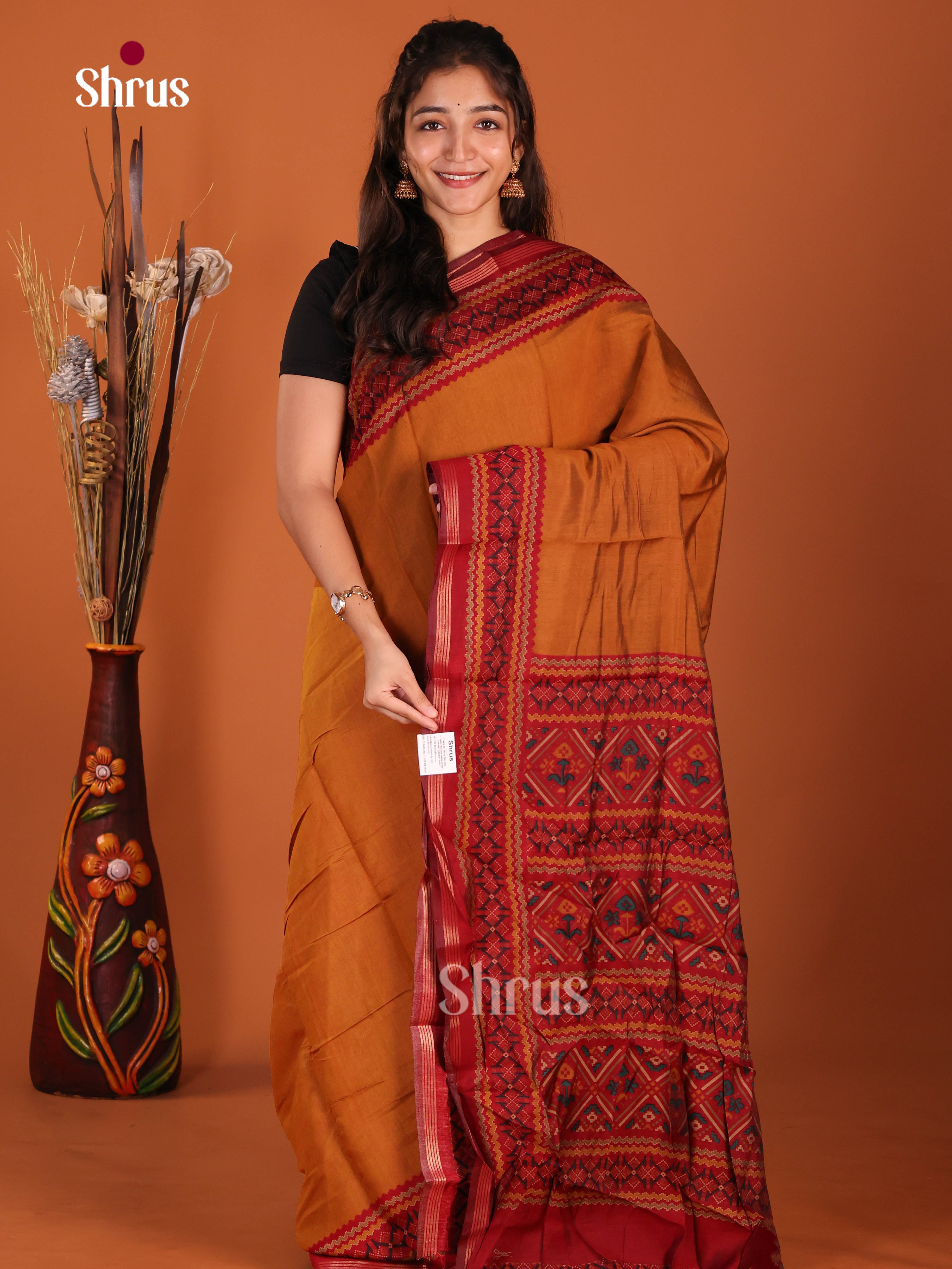 Mustard & Red - Art Modal Saree - Shop on Shrus.com