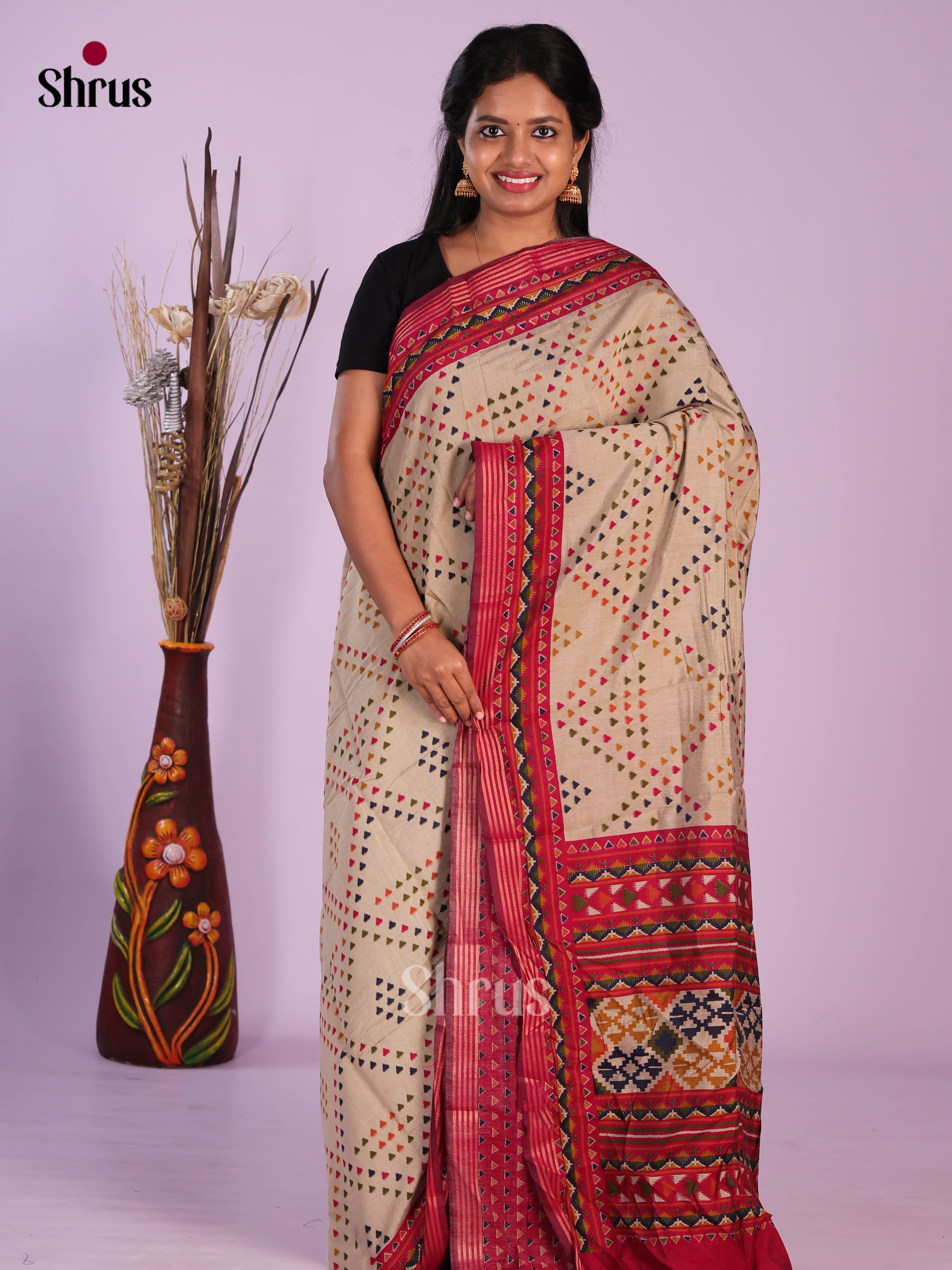Cream & Red - Art Modal Saree