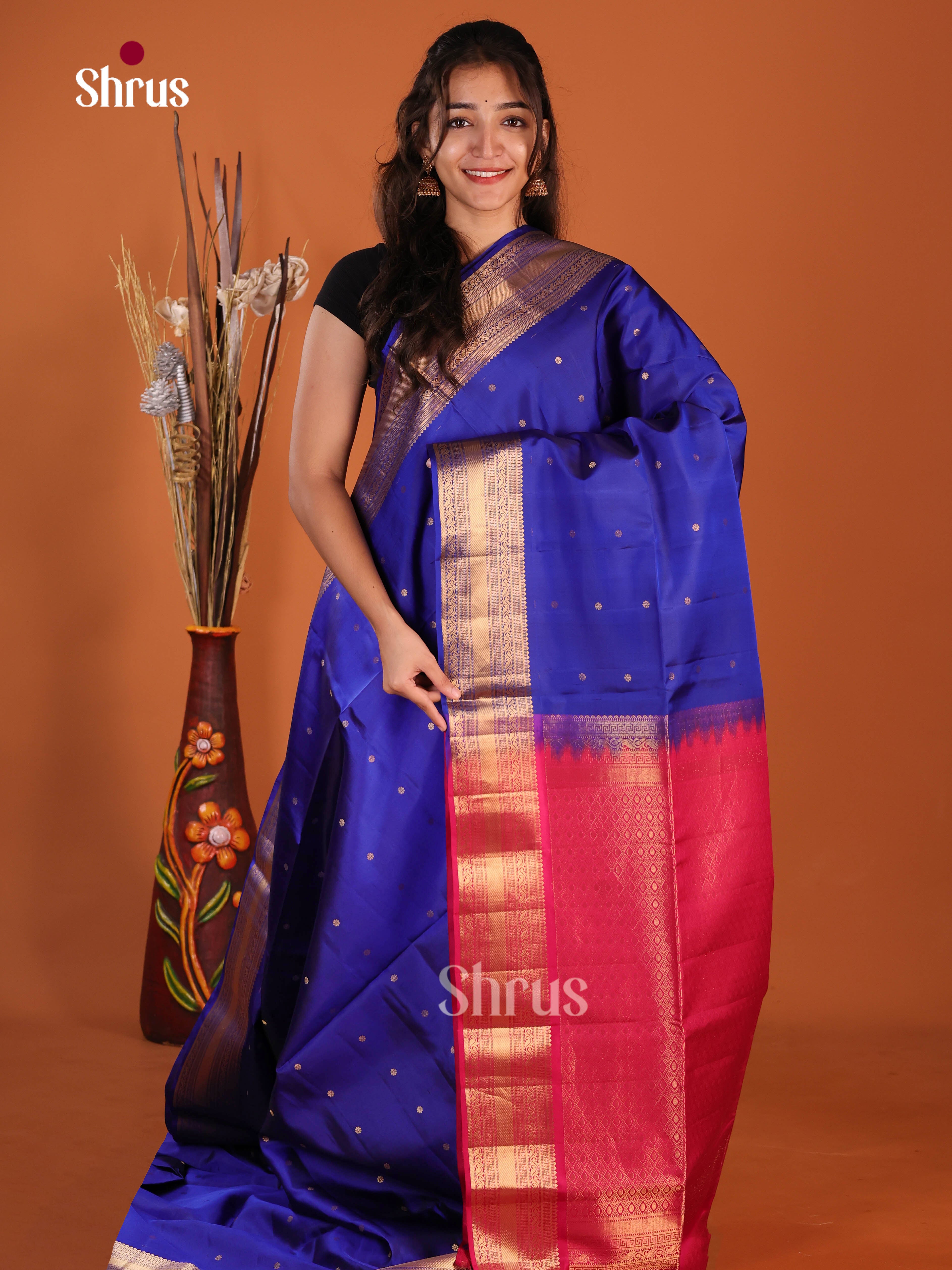 Grand Royal Blue Soft Silk Saree With Gold Buttas & Rani Pink Brocade Pallu